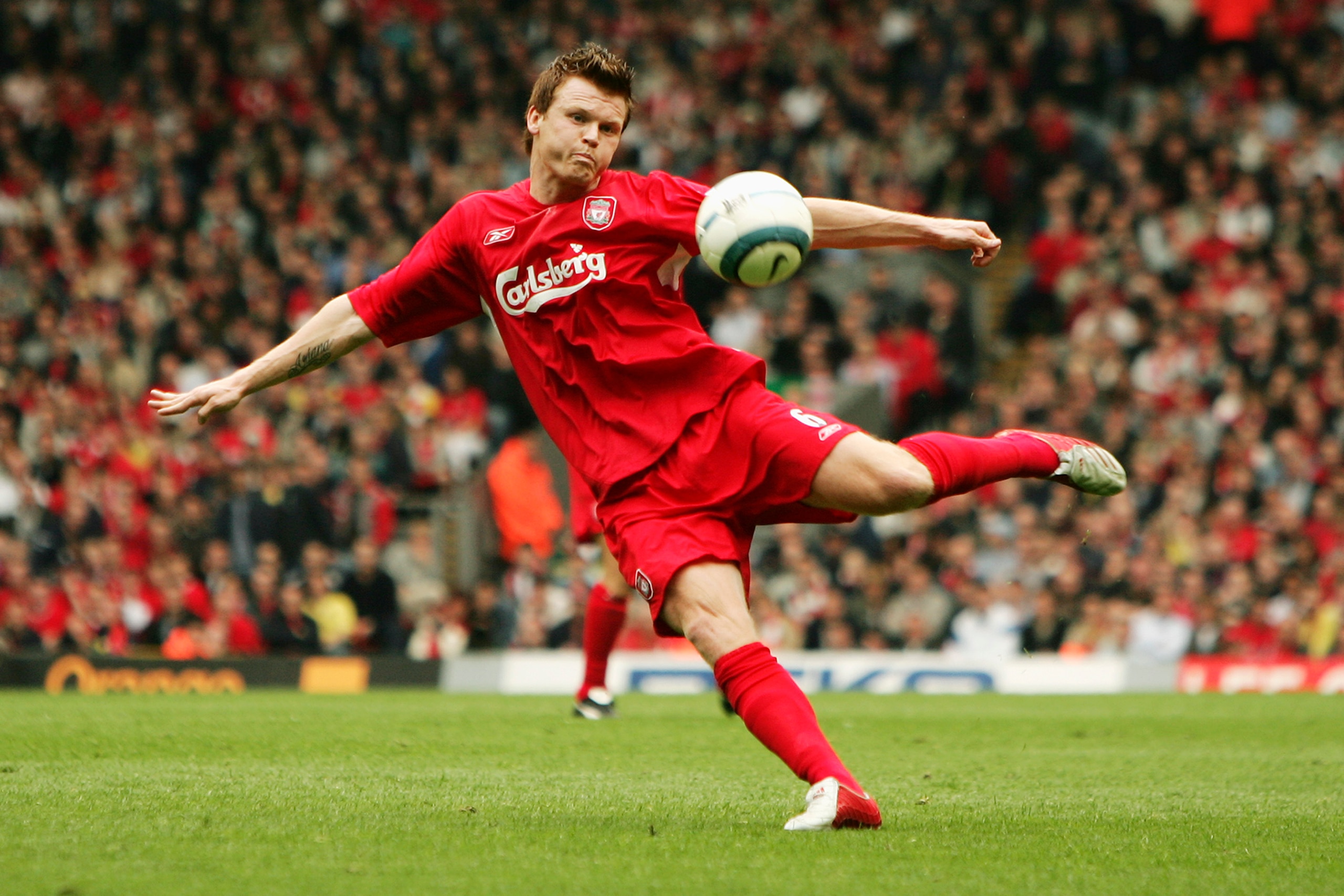 LIVERPOOL, ENGLAND -  APRIL 30:  John Arne Riise of Liverpool in action during the Barclays Premiership match between Liverpool and Middlesbrough at Anfield on April 30, 2005 in Liverpool, England.  (Photo by Clive Brunskill/Getty Images)