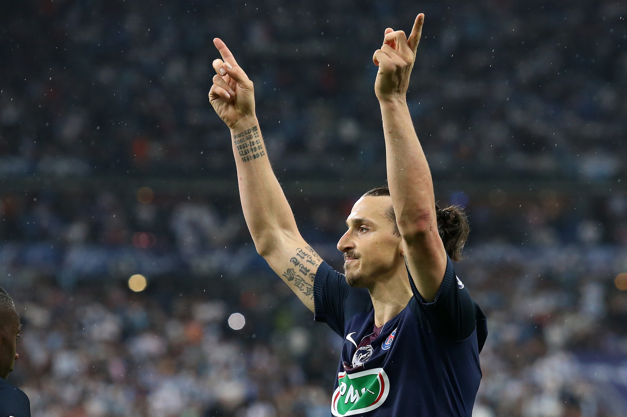 PARIS, FRANCE - MAY 21: Zlatan Ibrahimovic of PSG celebrates his second goal during the French Cup Final match between Paris Saint-Germain (PSG) and Olympique de Marseille (OM) at Stade de France on May 21, 2016 in Saint-Denis nearby Paris, France. (Photo