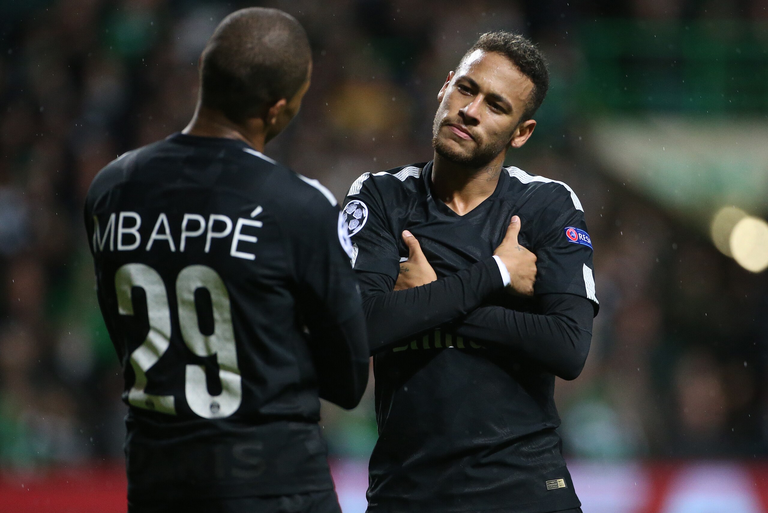 GLASGOW, SCOTLAND - SEPTEMBER 12: Kylian Mbappe of PSG celebrates his goal with Neymar Jr during the UEFA Champions League match between Celtic Glasgow and Paris Saint Germain (PSG) at Celtic Park on September 12, 2017 in Glasgow, Scotland. (Photo by Jean