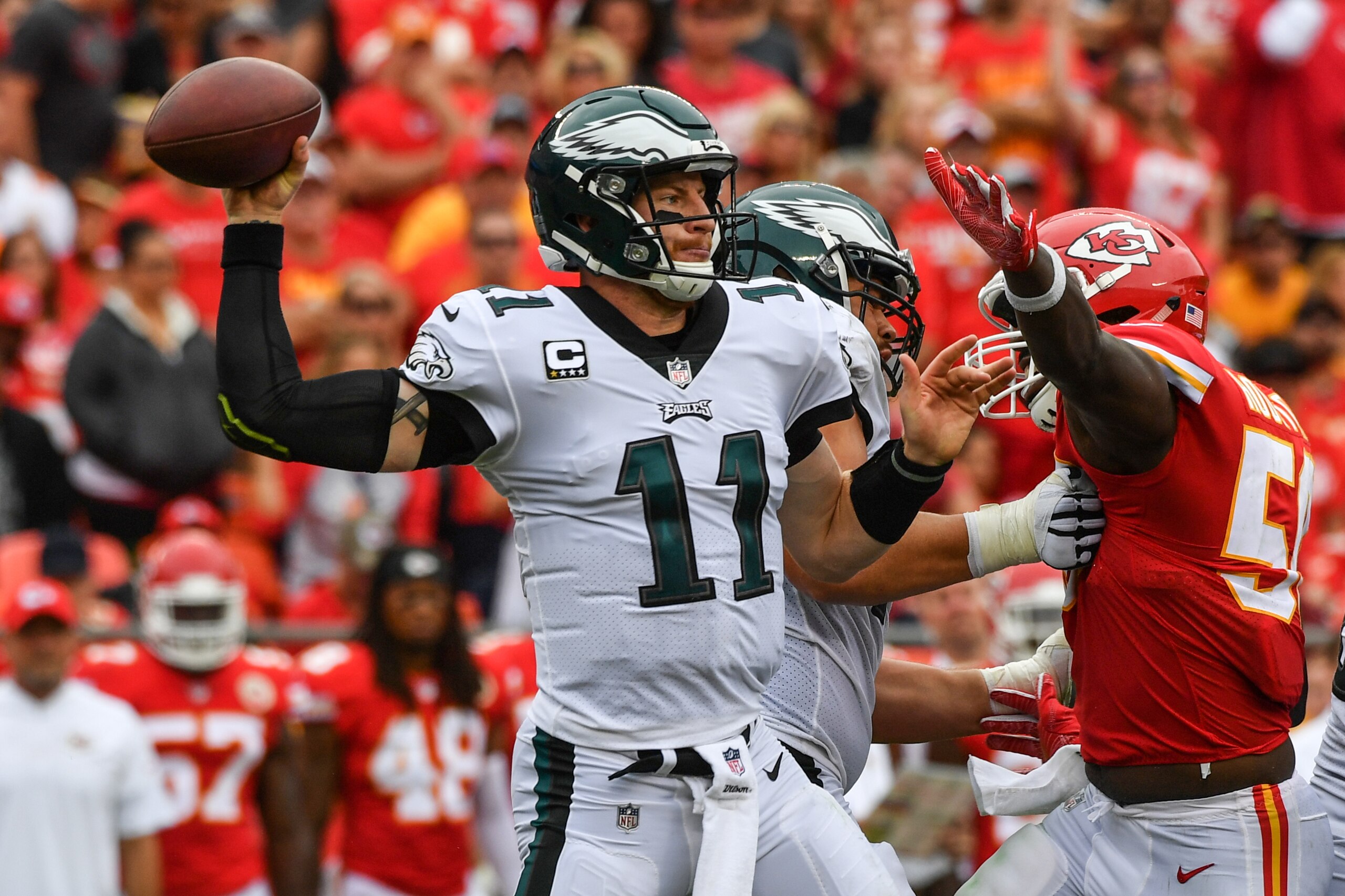 KANSAS CITY, MO - SEPTEMBER 17: Quarterback Carson Wentz #11 of the Philadelphia Eagles throws a pass during the game against the Kansas City Chiefs at Arrowhead Stadium on September 17, 2017 in Kansas City, Missouri. ( Photo by Peter Aiken/Getty Images) KANSAS CITY, MO - SEPTEMBER 17: Quarterback Carson Wentz #11 of the Philadelphia Eagles throws a pass during the game against the Kansas City Chiefs at Arrowhead Stadium on September 17, 2017 in Kansas City, Missouri. ( Photo by Peter Aiken/Getty Images)
