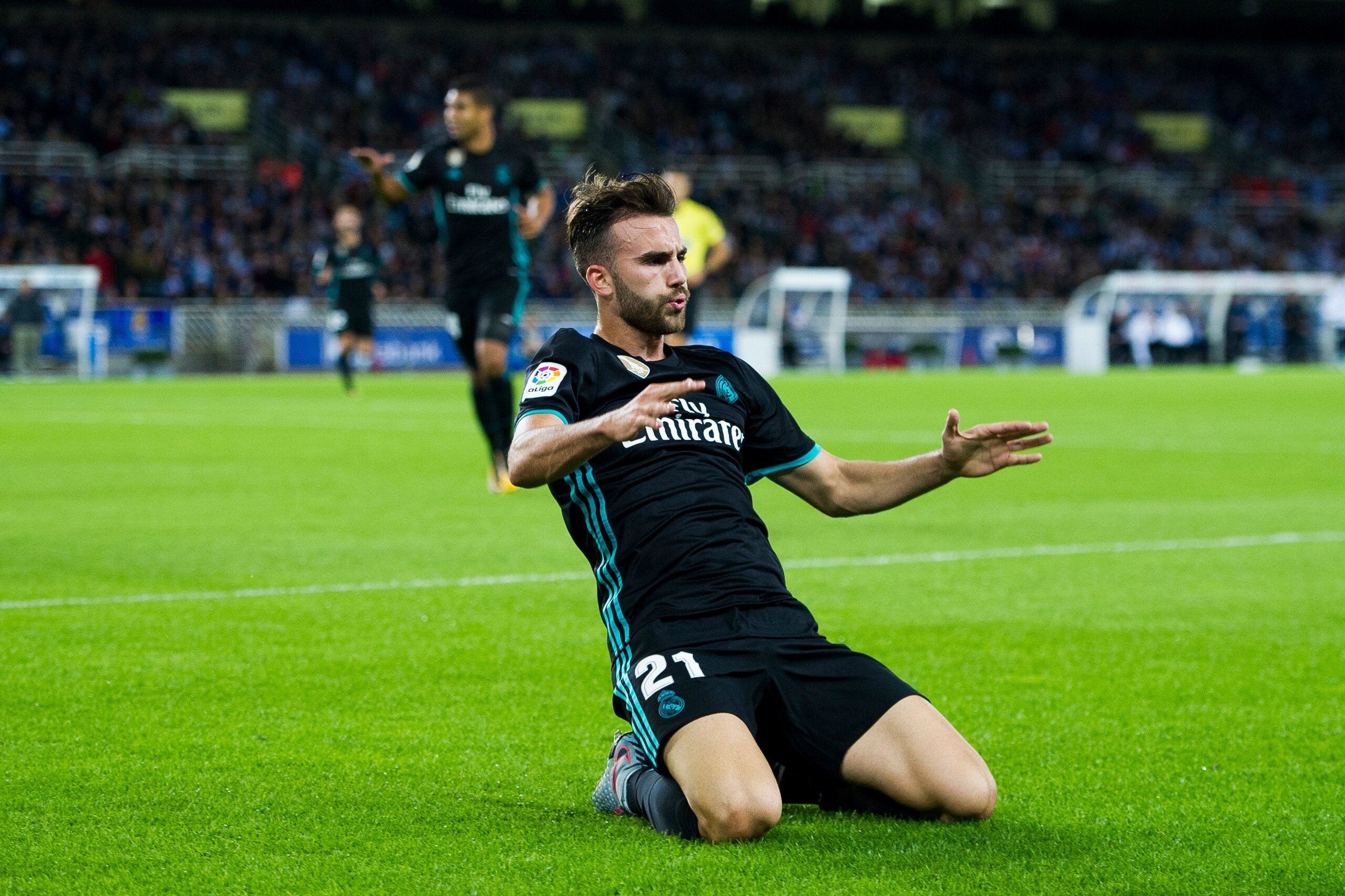 SAN SEBASTIAN, SPAIN - SEPTEMBER 17:  Borja Mayoral of Real Madrid celebrates after scoring a goal during the La Liga match between Real Sociedad de Futbol and Real Madrid at Estadio Anoeta on September 17, 2017 in San Sebastian, Spain.  (Photo by Juan Ma