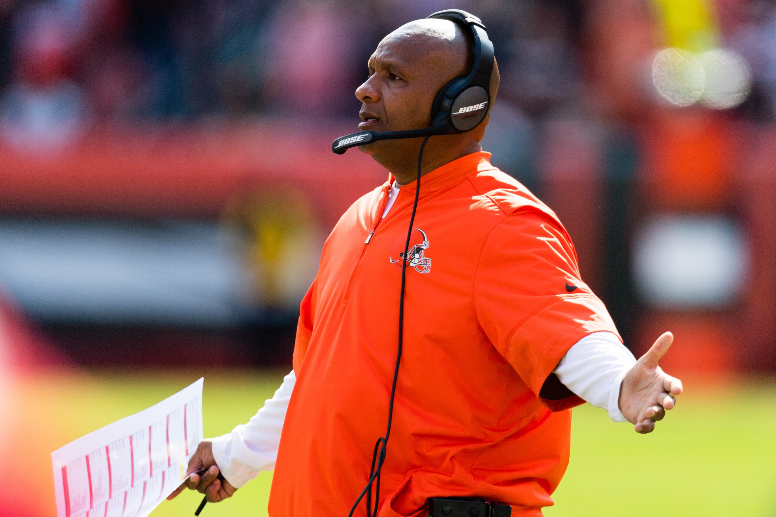 CLEVELAND, OH - SEPTEMBER 10: Head coach Hue Jackson of the Cleveland Browns reacts to a call during the second half against the Pittsburgh Steelers at FirstEnergy Stadium on September 10, 2017 in Cleveland, Ohio. The Steelers defeated the Browns 21-18. (