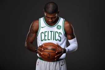 BOSTON, MA - SEPTEMBER 1: Kyrie Irving poses for a portrait after getting introduced as Boston Celtics on September 1, 2017 at the TD Garden in Boston, Massachusetts.  NOTE TO USER: User expressly acknowledges and agrees that, by downloading and or using 