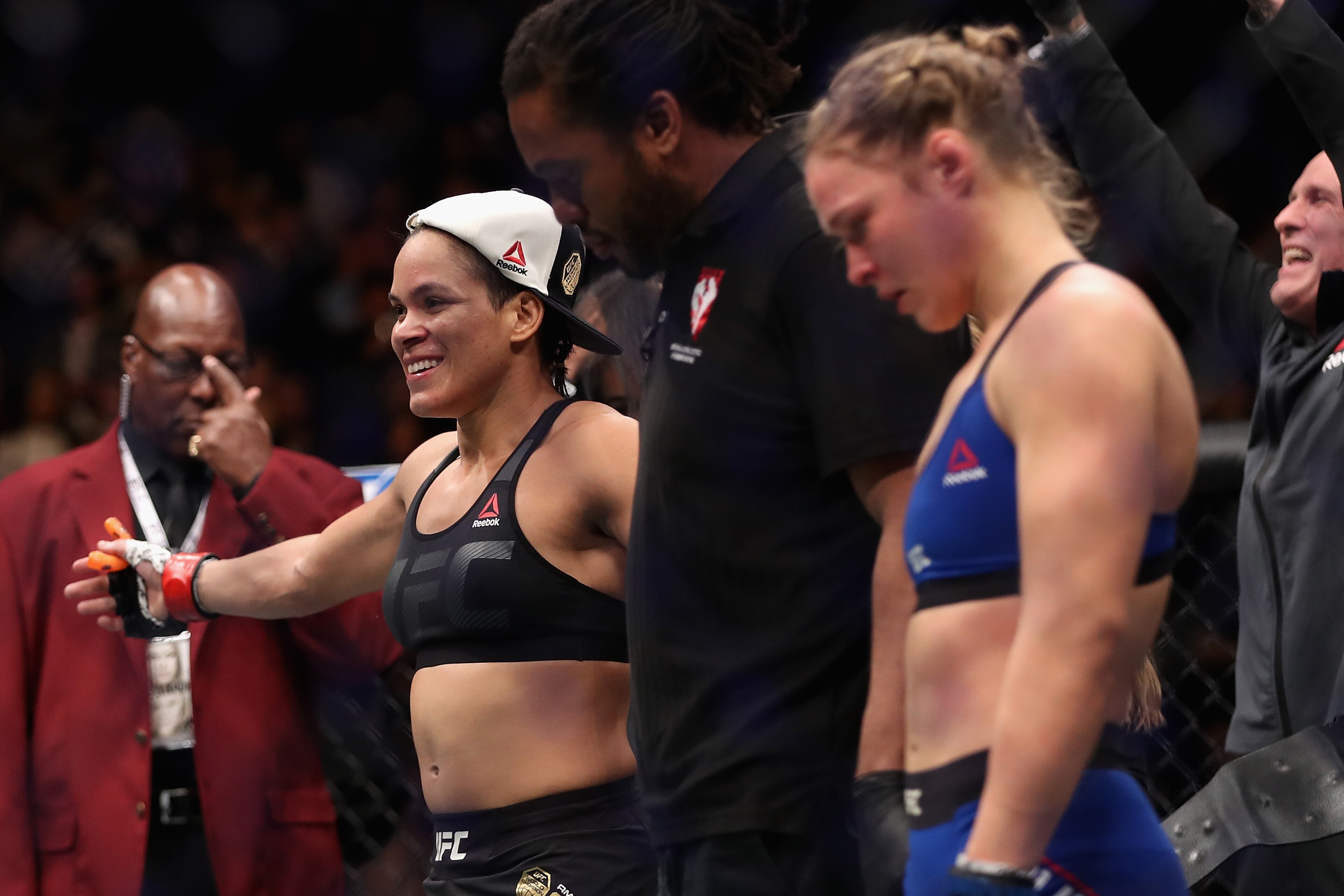 LAS VEGAS, NV - DECEMBER 30: Amanda Nunes (L) of Brazil reacts after defeating Ronda Rousey in their UFC women's bantamweight championship bout during the UFC 207 event at T-Mobile Arena on December 30, 2016 in Las Vegas, Nevada. (Photo by Christian Pet LAS VEGAS, NV - DECEMBER 30: Amanda Nunes (L) of Brazil reacts after defeating Ronda Rousey in their UFC women's bantamweight championship bout during the UFC 207 event at T-Mobile Arena on December 30, 2016 in Las Vegas, Nevada. (Photo by Christian Pet