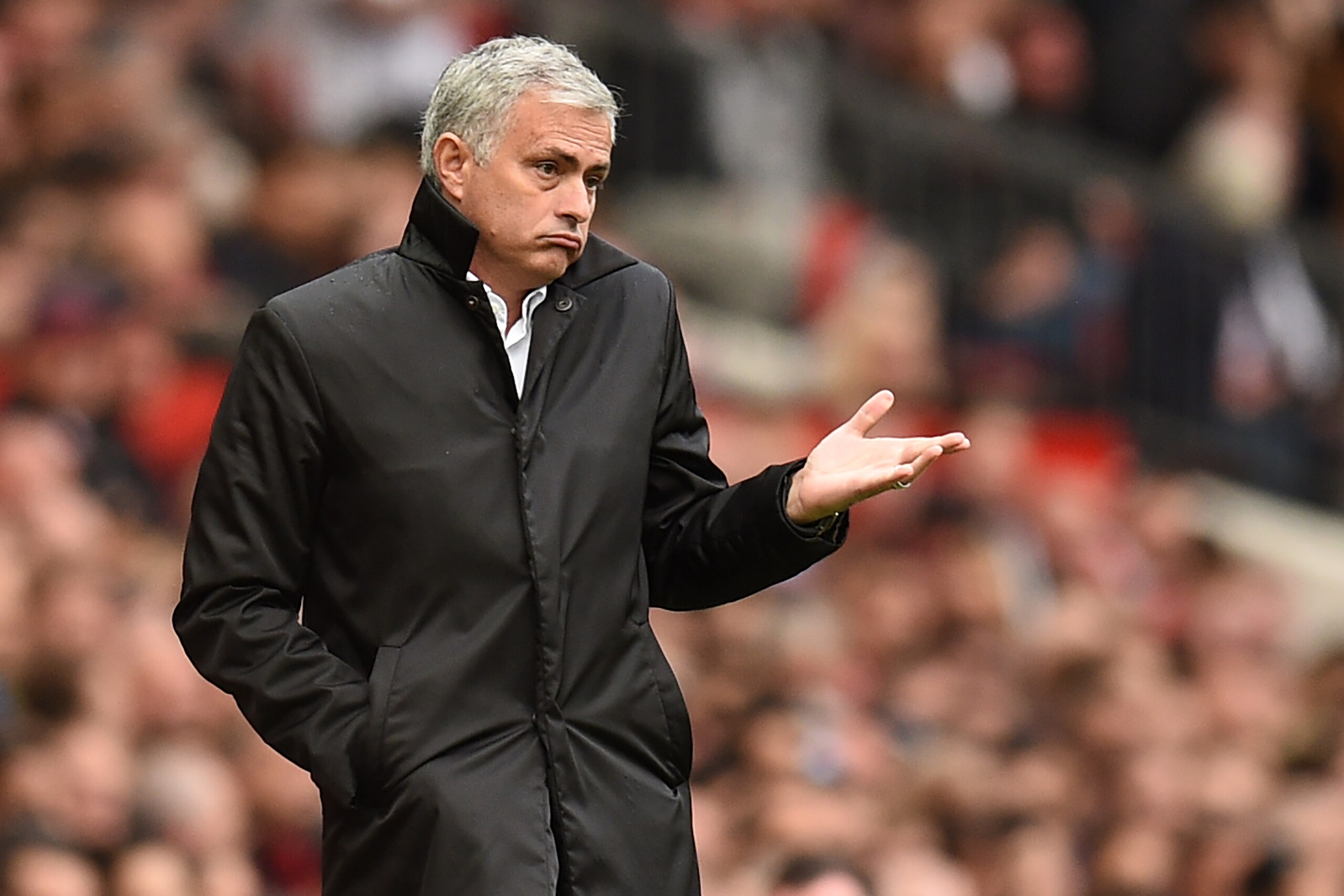 Manchester United's Portuguese manager Jose Mourinho gestures on the touchline during the English Premier League football match between Manchester United and Everton at Old Trafford in Manchester, north west England, on September 17, 2017. / AFP PHOTO / O