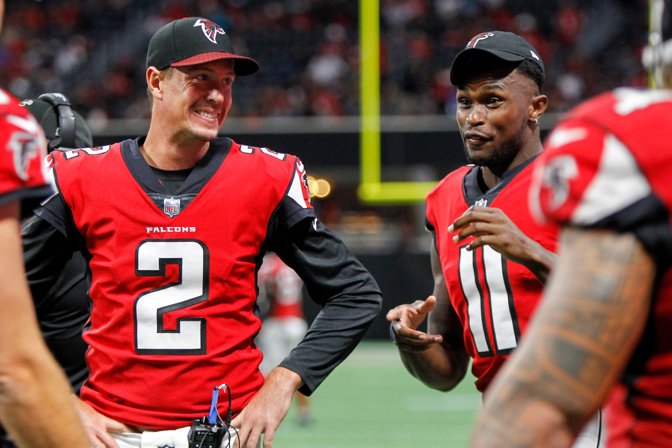 Aug 31, 2017; Atlanta, GA, USA; Atlanta Falcons quarterback Matt Ryan (2) and wide receiver Julio Jones (11) on the sideline against the Jacksonville Jaguars in the fourth quarter at Mercedes-Benz Stadium. Mandatory Credit: Brett Davis-USA TODAY Sports Aug 31, 2017; Atlanta, GA, USA; Atlanta Falcons quarterback Matt Ryan (2) and wide receiver Julio Jones (11) on the sideline against the Jacksonville Jaguars in the fourth quarter at Mercedes-Benz Stadium. Mandatory Credit: Brett Davis-USA TODAY Sports