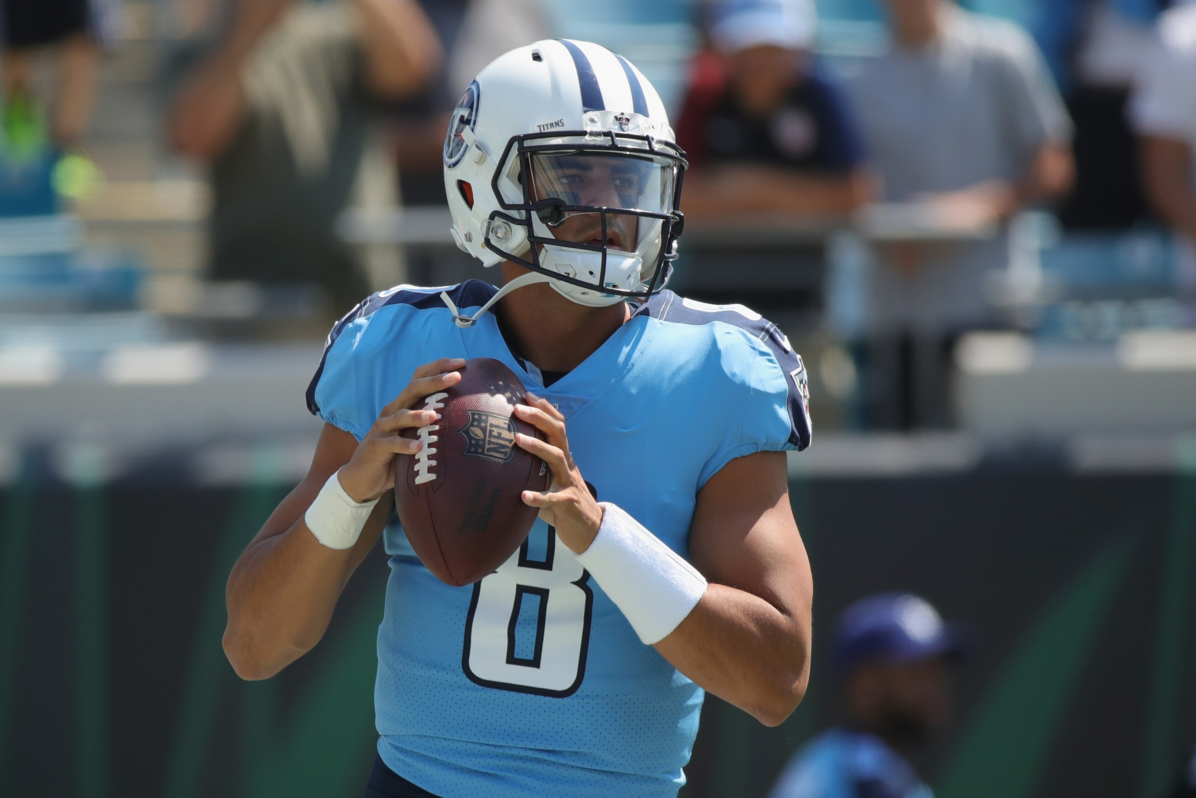 JACKSONVILLE, FL - SEPTEMBER 17: Marcus Mariota #8 of the Tennessee Titans works out on the field prior to the start of their game against the Jacksonville Jaguars at EverBank Field on September 17, 2017 in Jacksonville, Florida. (Photo by Logan Bowles/ JACKSONVILLE, FL - SEPTEMBER 17: Marcus Mariota #8 of the Tennessee Titans works out on the field prior to the start of their game against the Jacksonville Jaguars at EverBank Field on September 17, 2017 in Jacksonville, Florida. (Photo by Logan Bowles/