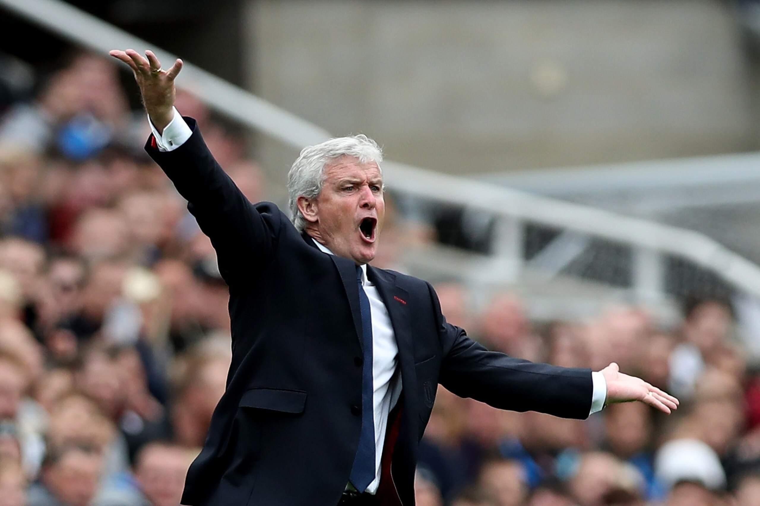 NEWCASTLE UPON TYNE, ENGLAND - SEPTEMBER 16: Mark Hughes, Manager of Stoke City reacts during the Premier League match between Newcastle United and Stoke City at St. James Park on September 16, 2017 in Newcastle upon Tyne, England. (Photo by Ian MacNicol NEWCASTLE UPON TYNE, ENGLAND - SEPTEMBER 16: Mark Hughes, Manager of Stoke City reacts during the Premier League match between Newcastle United and Stoke City at St. James Park on September 16, 2017 in Newcastle upon Tyne, England. (Photo by Ian MacNicol