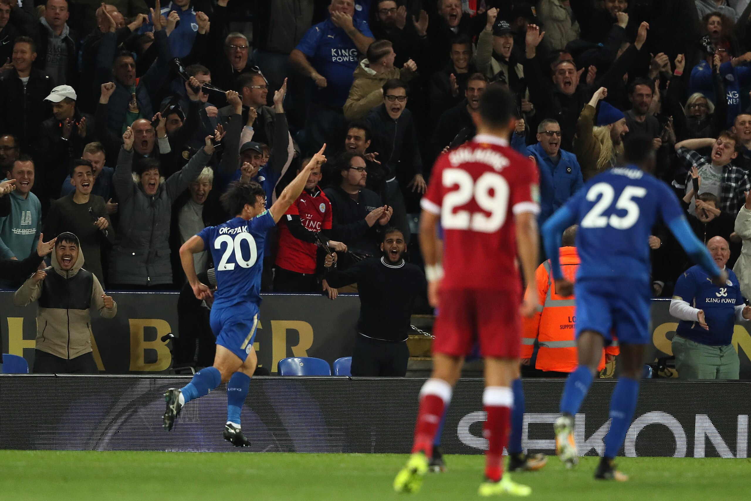 LEICESTER, ENGLAND - SEPTEMBER 19: Shinji Okazaki of Leicester City celebrates scoring a goal to make the score 1-0 during the Carabao Cup third round match between Leicester City and Liverpool at The King Power Stadium on September 19, 2017 in Leicester LEICESTER, ENGLAND - SEPTEMBER 19: Shinji Okazaki of Leicester City celebrates scoring a goal to make the score 1-0 during the Carabao Cup third round match between Leicester City and Liverpool at The King Power Stadium on September 19, 2017 in Leicester