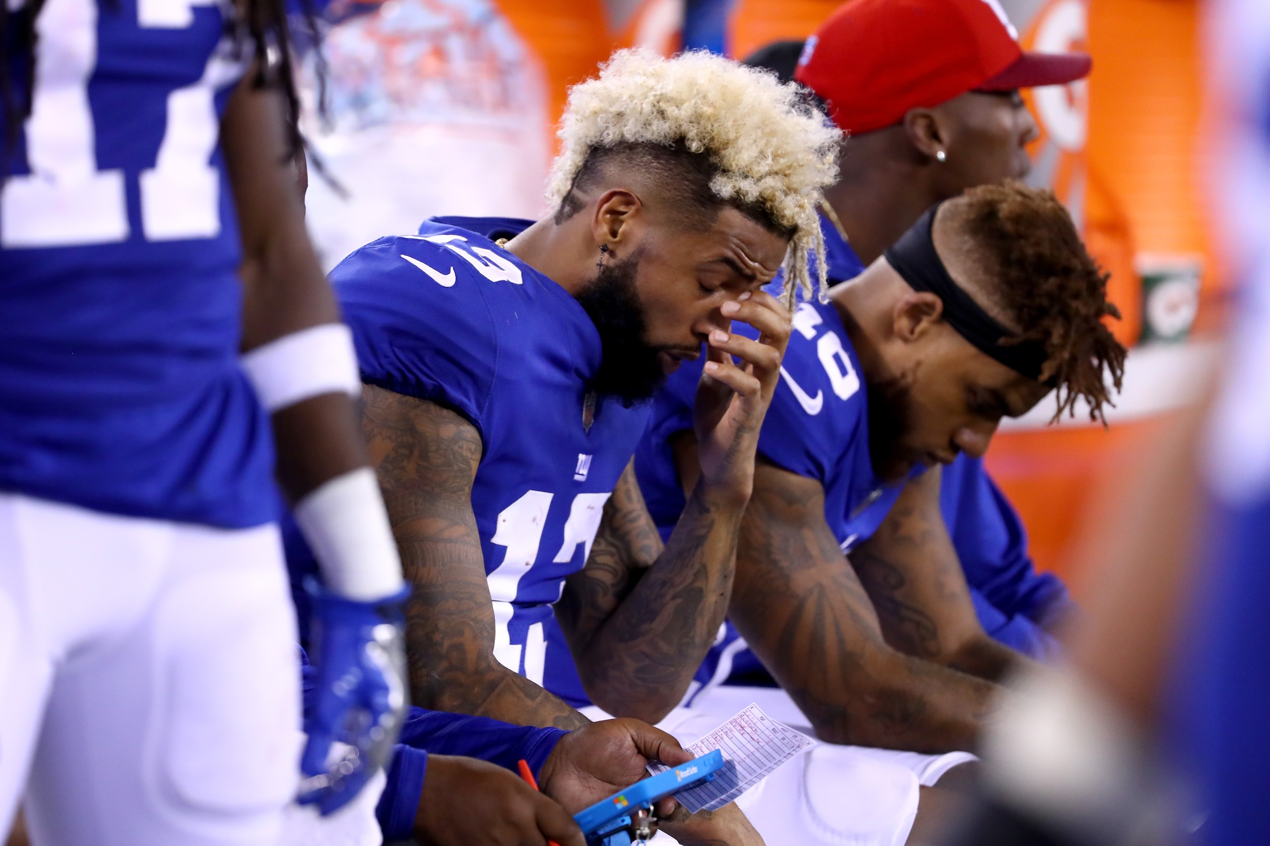 EAST RUTHERFORD, NJ - SEPTEMBER 18:  Odell Beckham Jr. #13 of the New York Giants reacts on the sidelide in the fourth quarter against the Detroit Lions during their game at MetLife Stadium on September 18, 2017 in East Rutherford, New Jersey.  (Photo by 