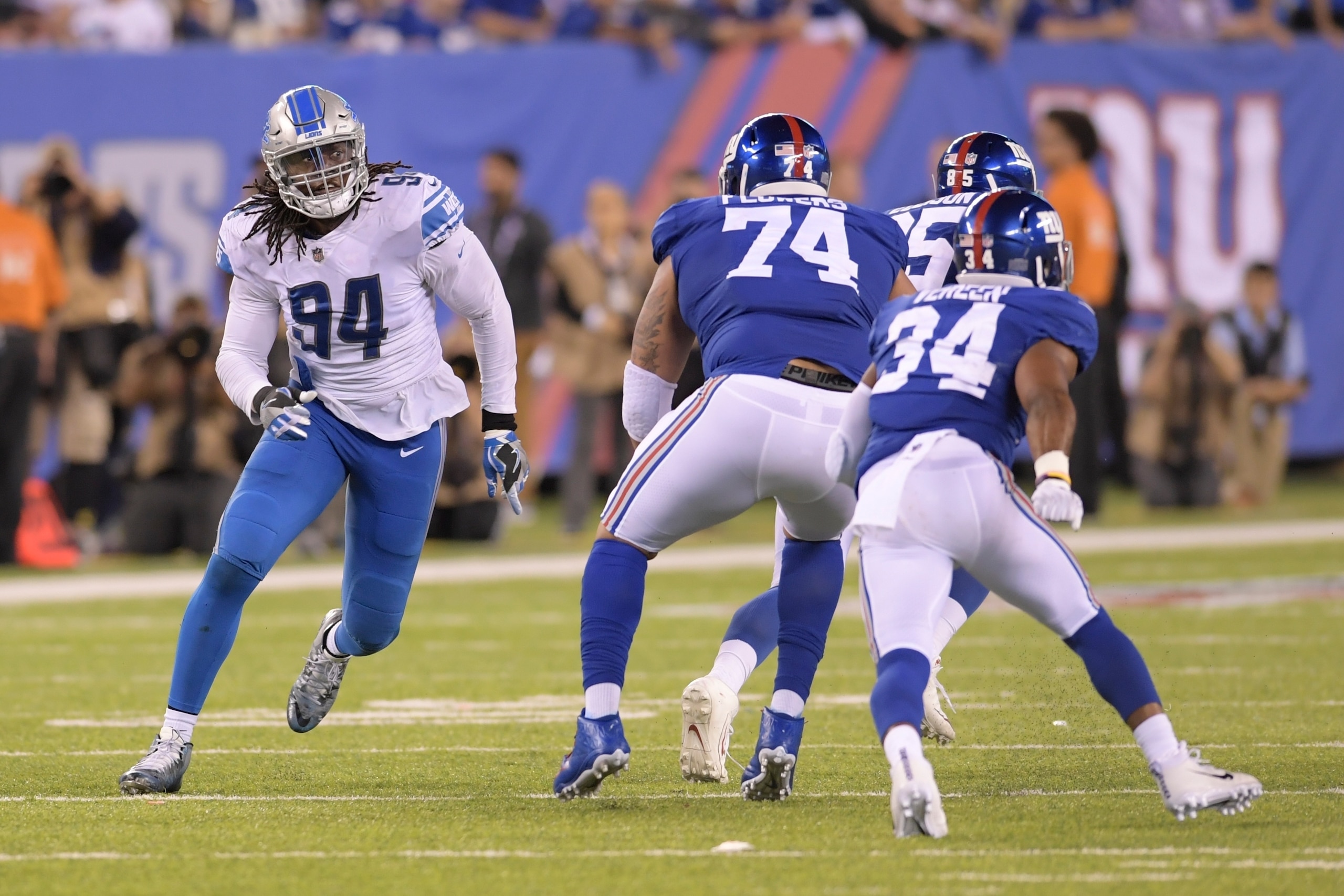 Ereck Flowers (No. 74) has long been the focus of media criticism regarding the Giants' lackluster offensive line play.