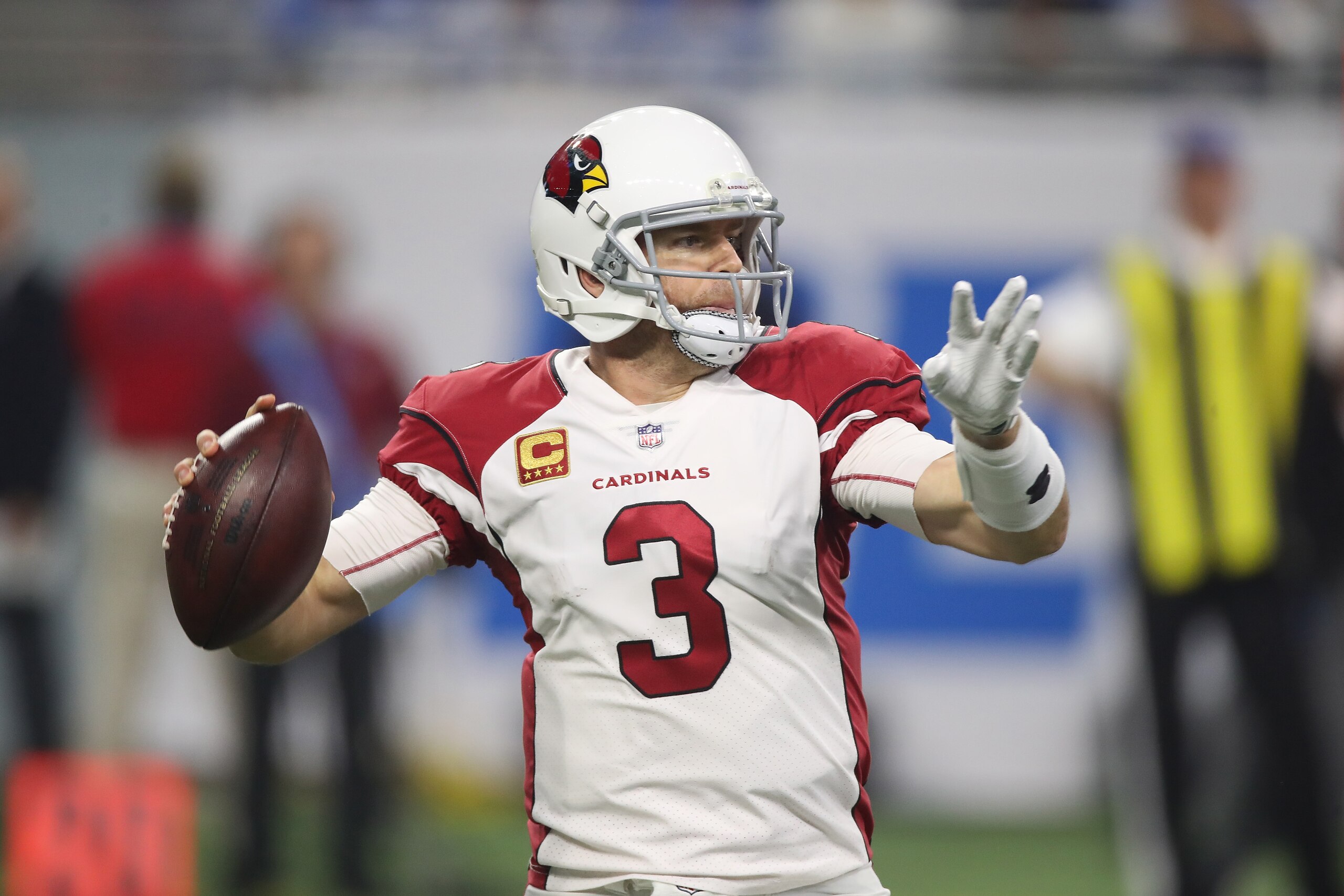 DETROIT, MI - SEPTEMBER 10: Carson Palmer #3 of the Arizona Cardinals drops backs for a pass in the first quarter against Detroit Lions at Ford Field on September 10, 2017 in Detroit, Michigan. (Photo by Gregory Shamus/Getty Images)