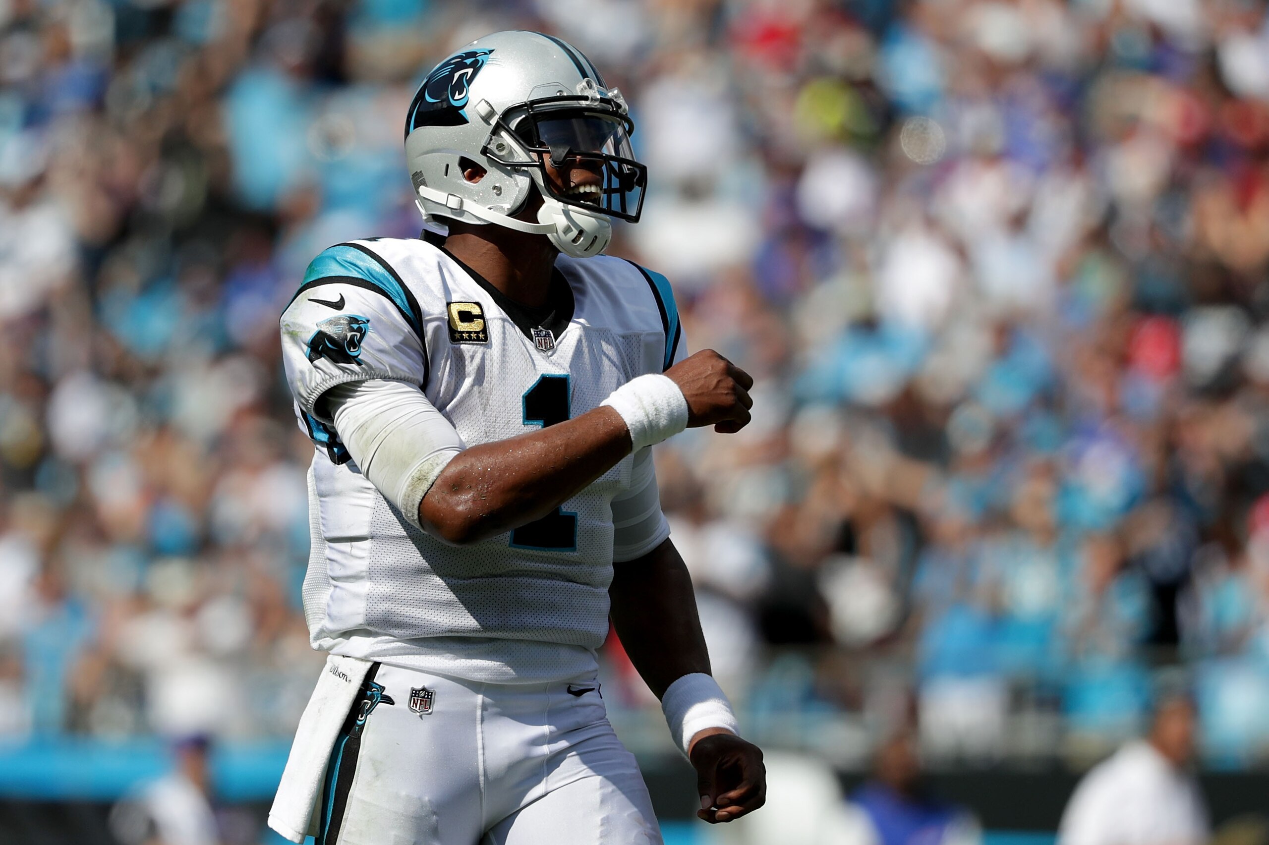 CHARLOTTE, NC - SEPTEMBER 17: Cam Newton #1 of the Carolina Panthers reacts against the Buffalo Bills during their game at Bank of America Stadium on September 17, 2017 in Charlotte, North Carolina.  (Photo by Streeter Lecka/Getty Images)