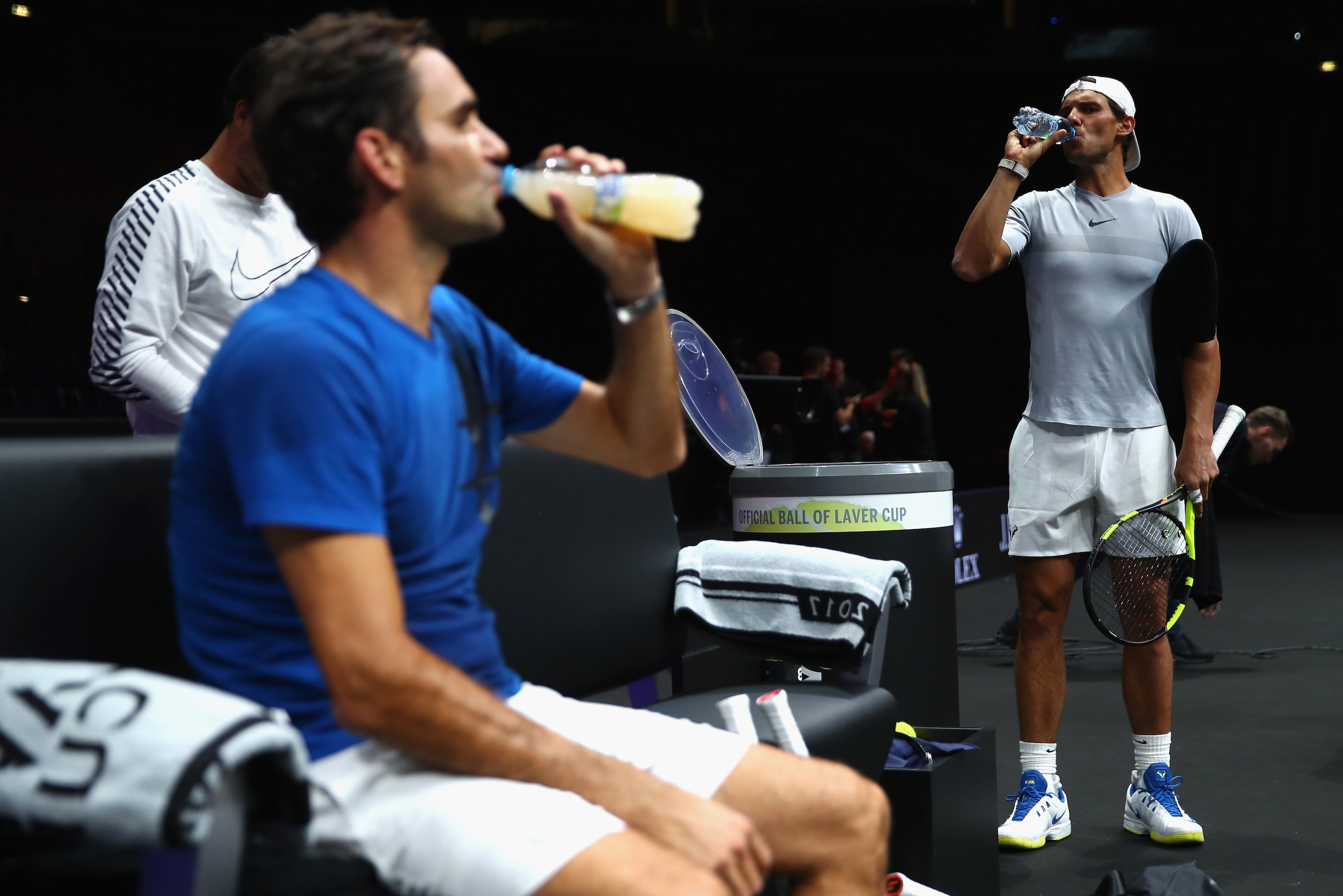 PRAGUE, CZECH REPUBLIC - SEPTEMBER 20: Roger Federer of Switzerland and Rafael Nadal of Spain cools down during a training session ahead of the Laver Cup on September 20, 2017 in Prague, Czech Republic. The Laver Cup consists of six European players compe