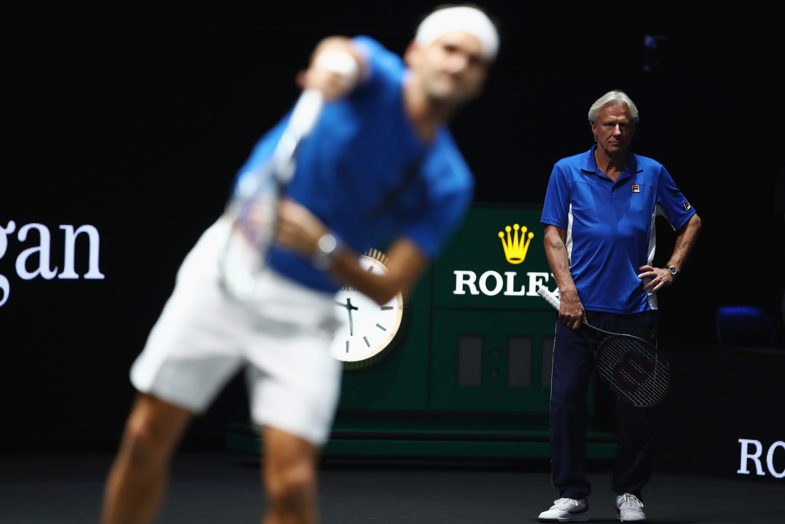 PRAGUE, CZECH REPUBLIC - SEPTEMBER 20: Bjorn Borg of Sweden watches Roger Federer of Switzerland during a training session ahead of the Laver Cup on September 20, 2017 in Prague, Czech Republic. The Laver Cup consists of six European players competing aga