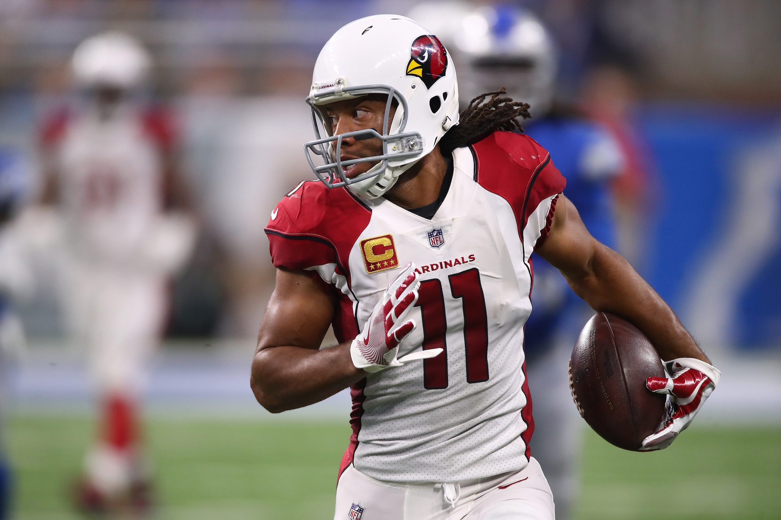 DETROIT, MI - SEPTEMBER 10: Larry Fitzgerald #11 of the Arizona Cardinals runs after a catch while playing the Detroit Lions at Ford Field on September 10, 2017 in Detroit, Michigan. (Photo by Gregory Shamus/Getty Images)