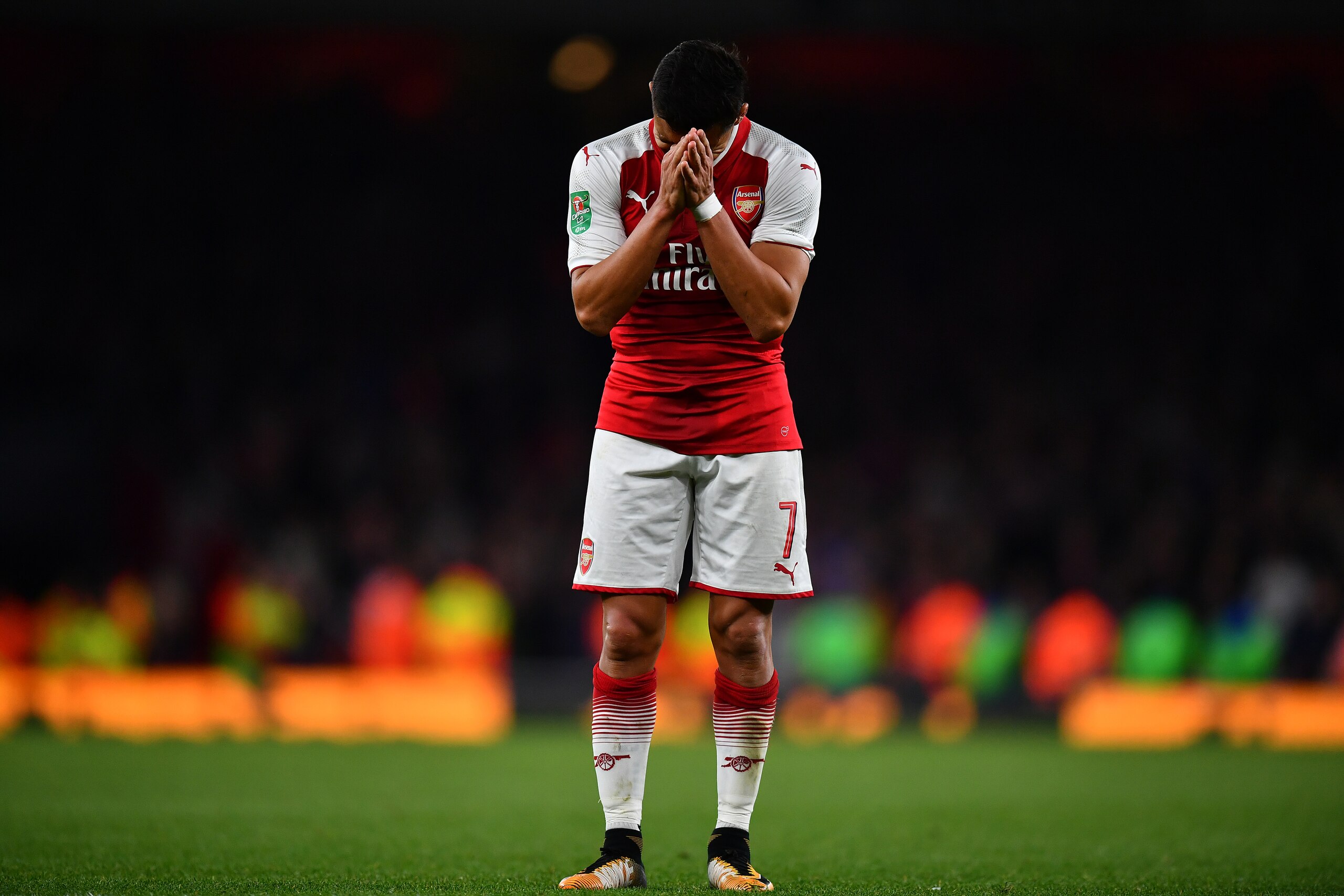 LONDON, ENGLAND - SEPTEMBER 20:  Alexis Sanchez of Arsenal reacts during the Carabao Cup Third Round match between Arsenal and Doncaster Rovers at Emirates Stadium on September 20, 2017 in London, England. (Photo by Dan Mullan/Getty Images)