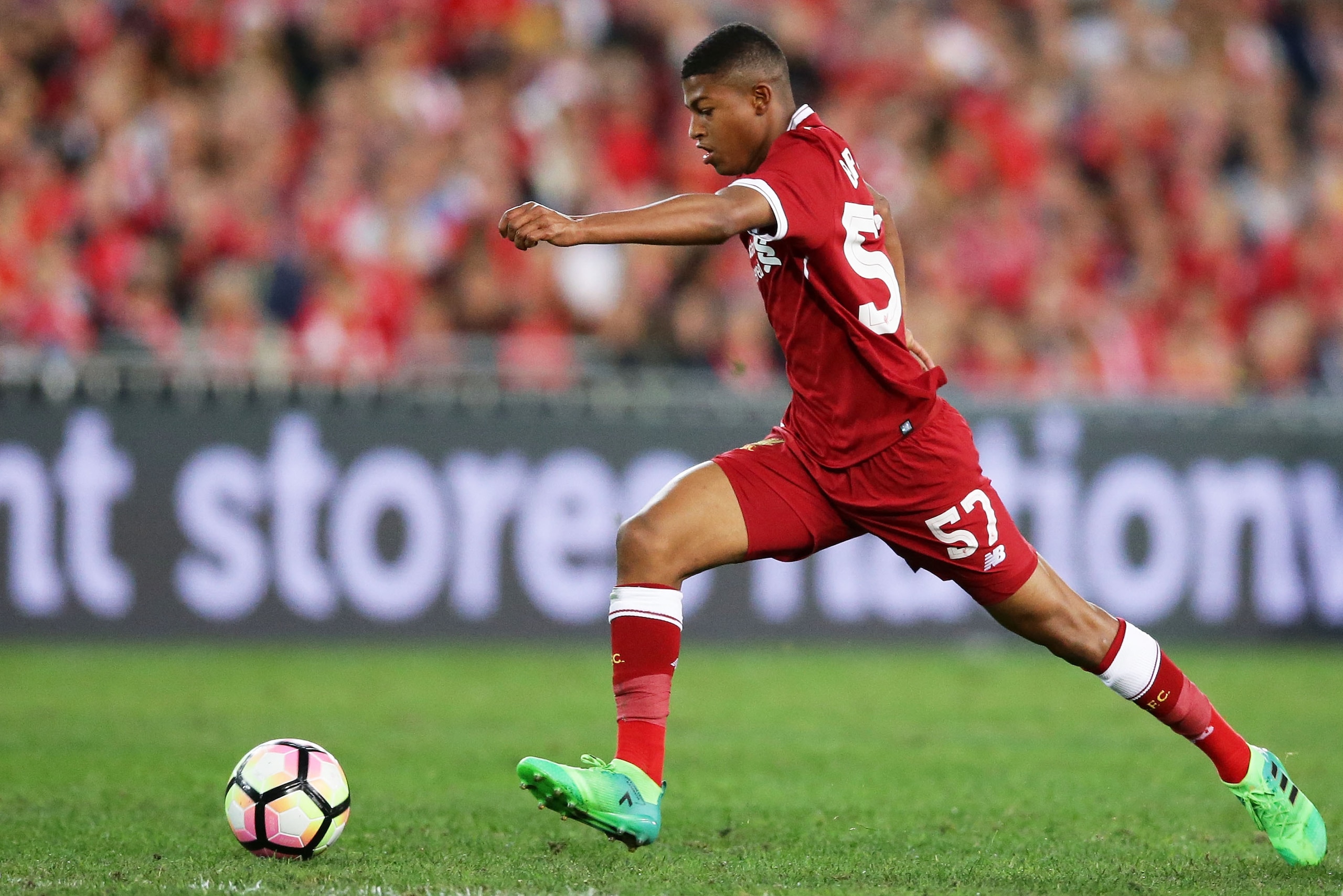 SYDNEY, AUSTRALIA - MAY 24:  Rhian Brewster of Liverpool controls the ball during the International Friendly match between Sydney FC and Liverpool FC at ANZ Stadium on May 24, 2017 in Sydney, Australia.  (Photo by Matt King/Getty Images)