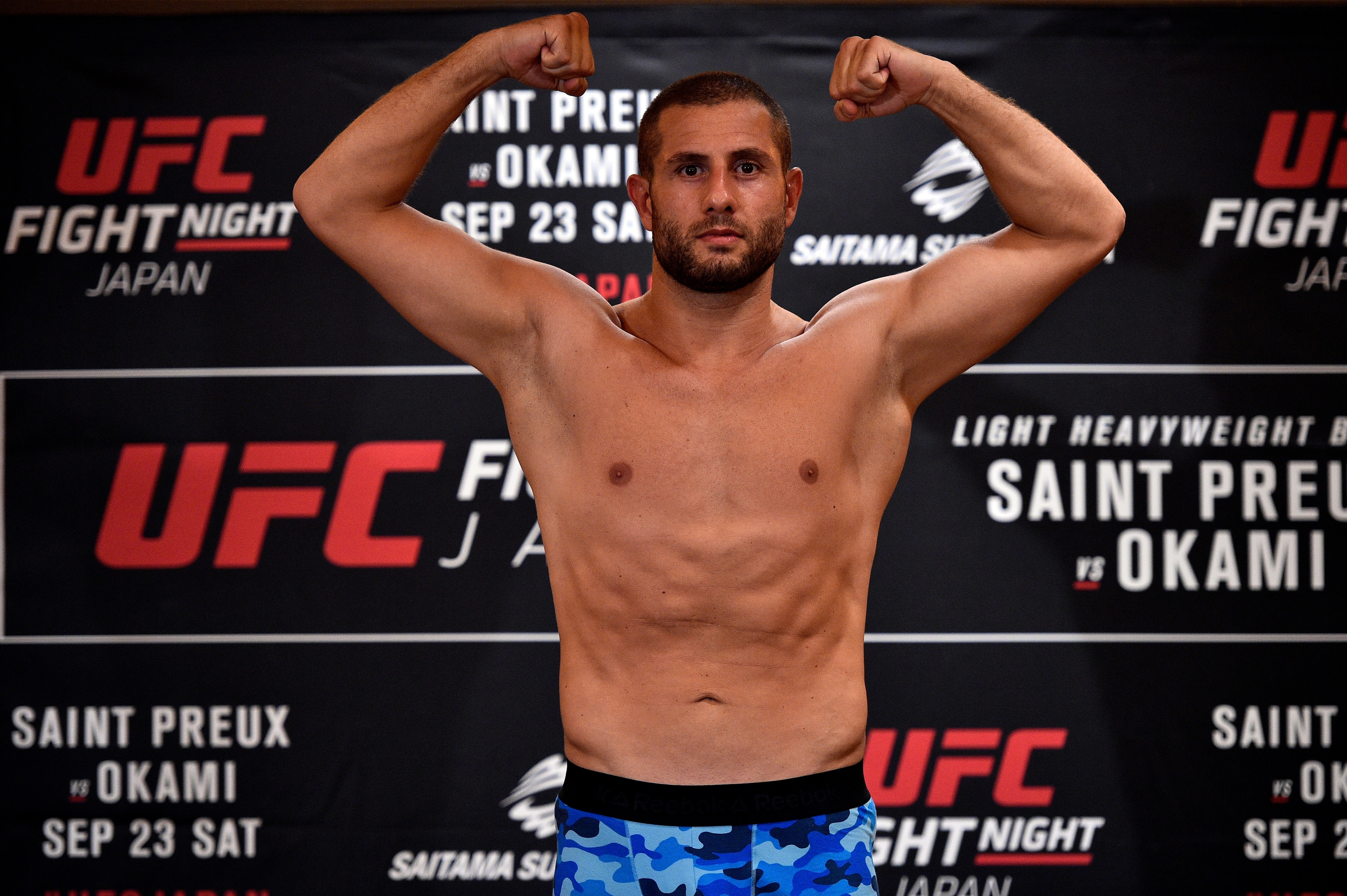 TOKYO, JAPAN - SEPTEMBER 21:  Gokhan Saki of the Netherlands steps on the scale during the UFC Fight Night Weigh-in at the Hilton Tokyo on September 21, 2017 in Tokyo, Japan. (Photo by Jeff Bottari/Zuffa LLC/Zuffa LLC via Getty Images)