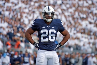 STATE COLLEGE, PA - SEPTEMBER 09:  Saquon Barkley #26 of the Penn State Nittany Lions in action against the Pittsburgh Panthers at Beaver Stadium on September 9, 2017 in State College, Pennsylvania.  (Photo by Justin K. Aller/Getty Images)
