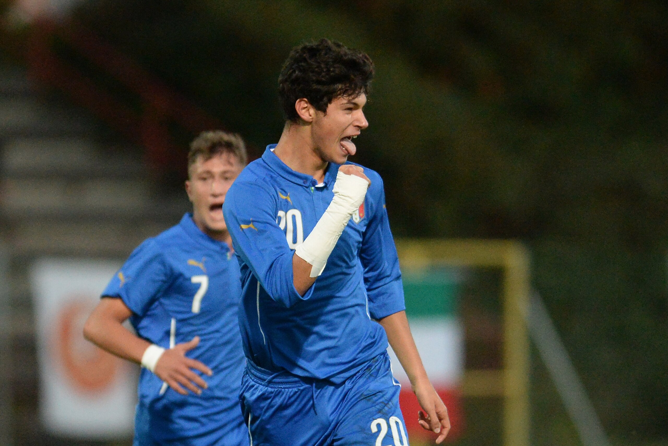 ODERZO, ITALY - OCTOBER 20:  Pietro Pellegri of Italy U16 celebrates after scoring his opening goal during the international friendly match between Italy U16 and Turkey U16 at Stadio Opitergium on October 20, 2015 in Oderzo, Italy.  (Photo by Dino Panato/