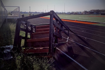 The football field at Refugio high school sustained damage from Hurricane Harvey.
