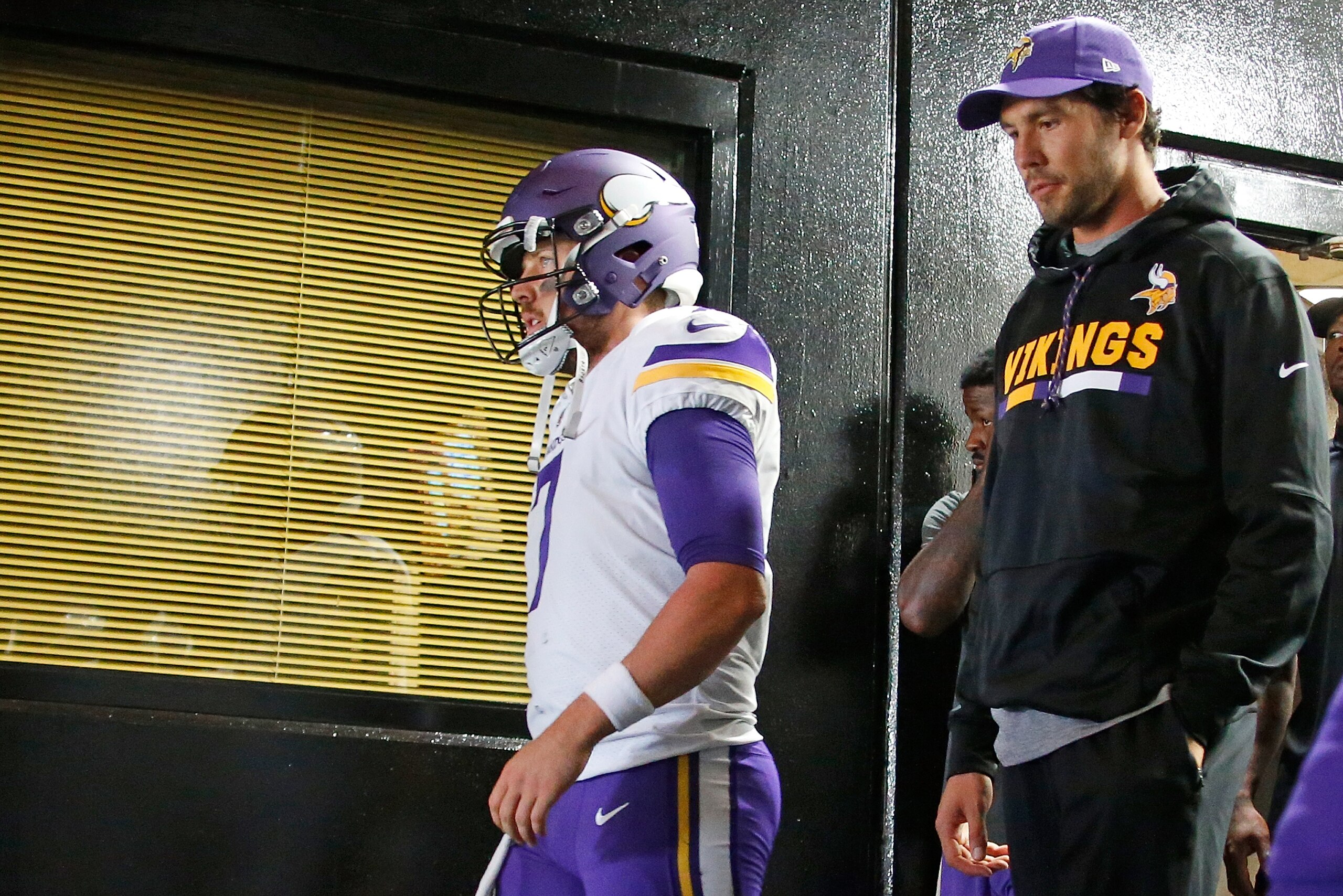 PITTSBURGH, PA - SEPTEMBER 17: Case Keenum #7 of the Minnesota Vikings heads to the field with Sam Bradford #8 before the start of the game against the Pittsburgh Steelers at Heinz Field on September 17, 2017 in Pittsburgh, Pennsylvania. (Photo by Justin 
