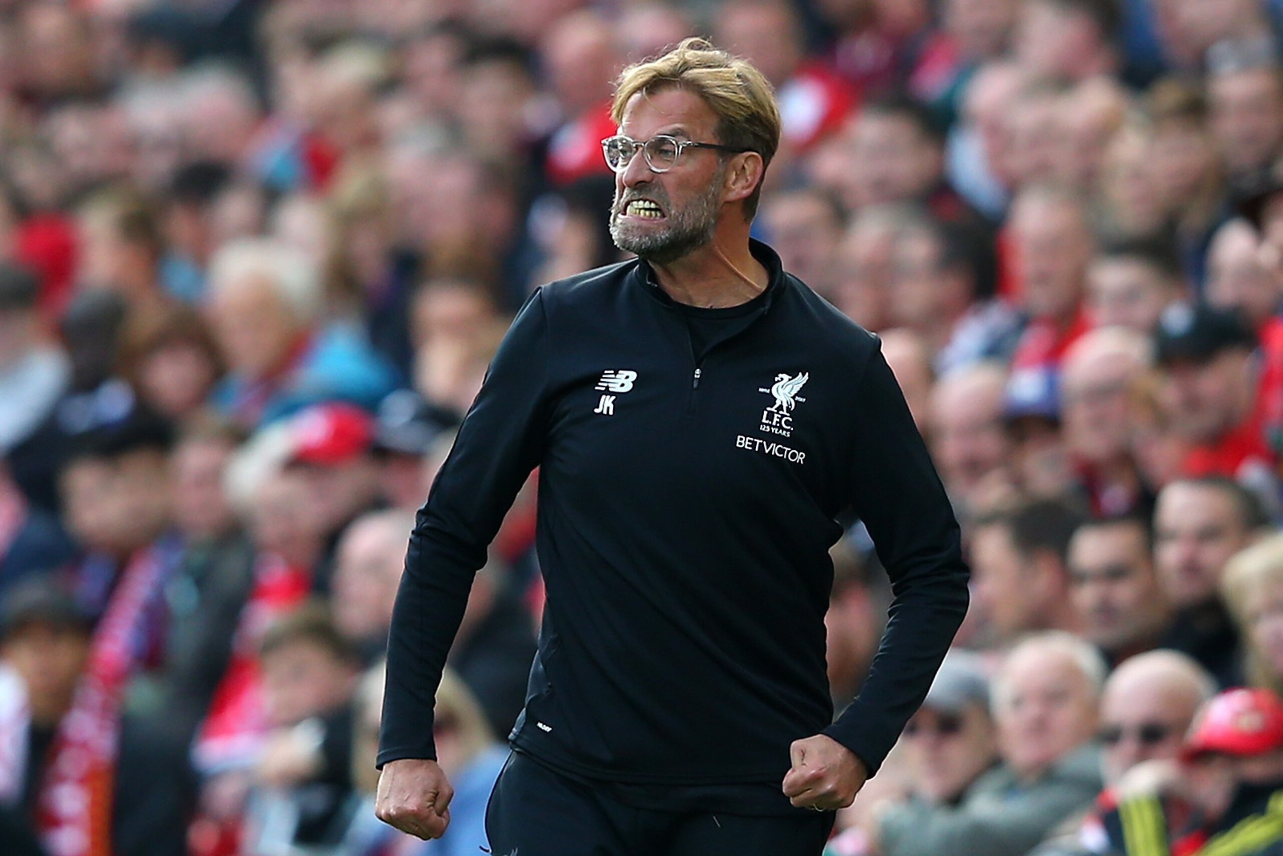 LIVERPOOL, ENGLAND - SEPTEMBER 16: Jurgen Klopp, Manager of Liverpool reacts during the Premier League match between Liverpool and Burnley at Anfield on September 16, 2017 in Liverpool, England.  (Photo by Alex Livesey/Getty Images)