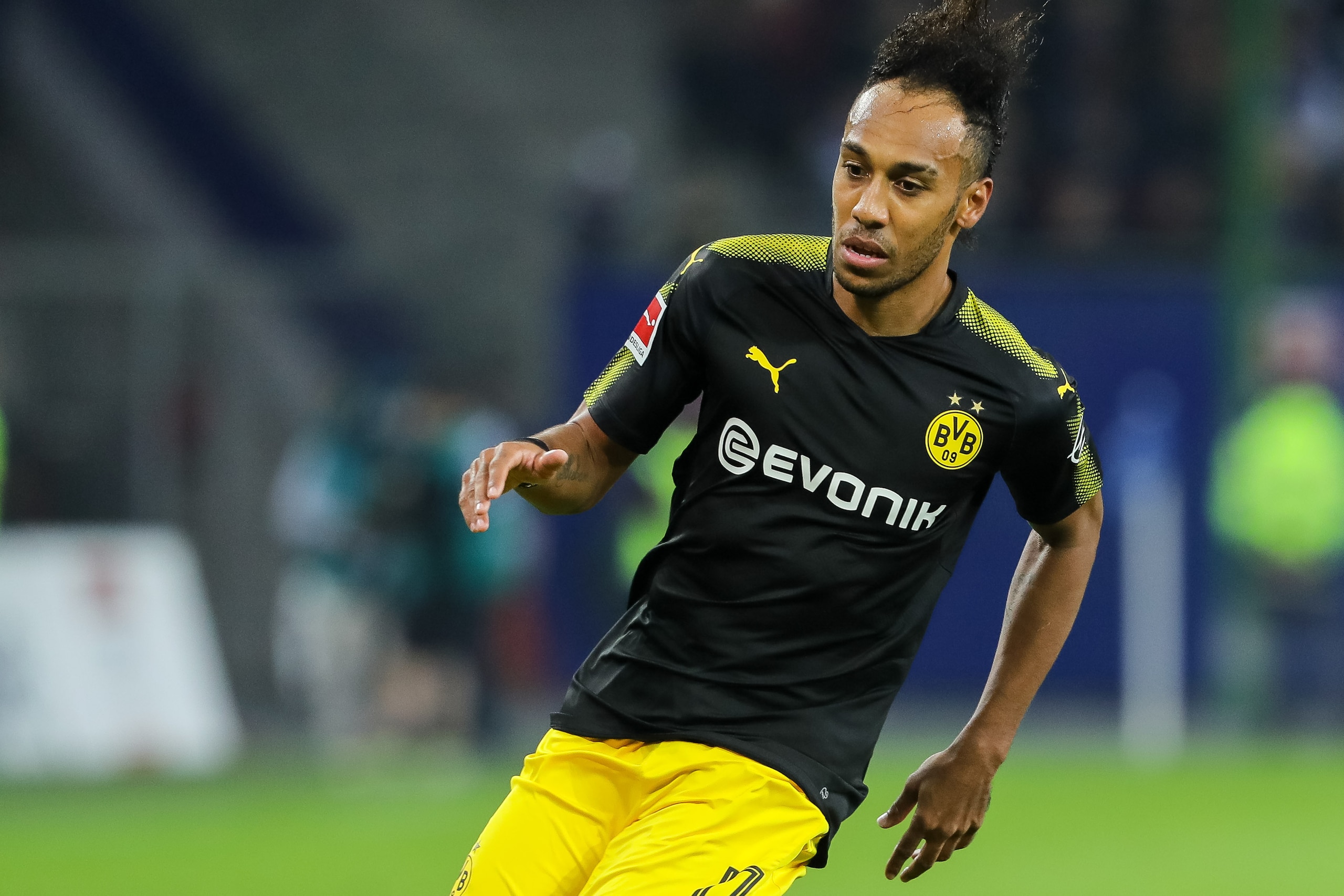 HAMBURG, GERMANY - SEPTEMBER 20: Pierre-Emerick Aubameyang of Dortmund looks on during the Bundesliga match between Hamburger SV and Borussia Dortmund at Volksparkstadion on September 20, 2017 in Hamburg, Germany. (Photo by TF-Images/TF-Images via Getty I