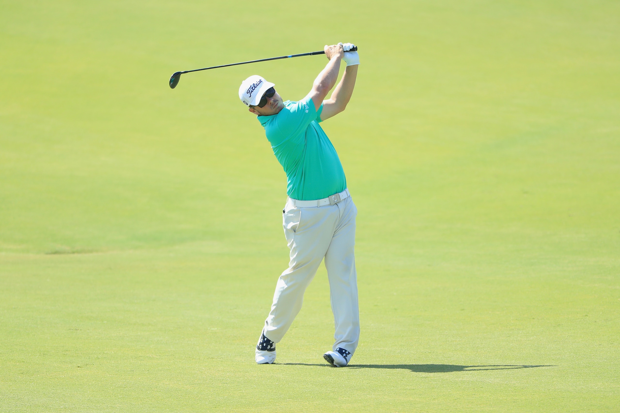 ALBUFEIRA, PORTUGAL - SEPTEMBER 23:  George Coetzee of South Africa plays his second shot on the fifth hole during the third roiund of the 2017  Portugal Masters at Oceanico Victoria Golf Club on September 23, 2017 in Albufeira, Portugal.  (Photo by Andre