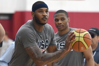 LAS VEGAS, NV - AUGUST 12:  Carmelo Anthony #20 and Russell Westbrook #31 of the 2015 USA Basketball Men's National Team attend a practice session at the Mendenhall Center on August 12, 2015 in Las Vegas, Nevada.  (Photo by Ethan Miller/Getty Images)