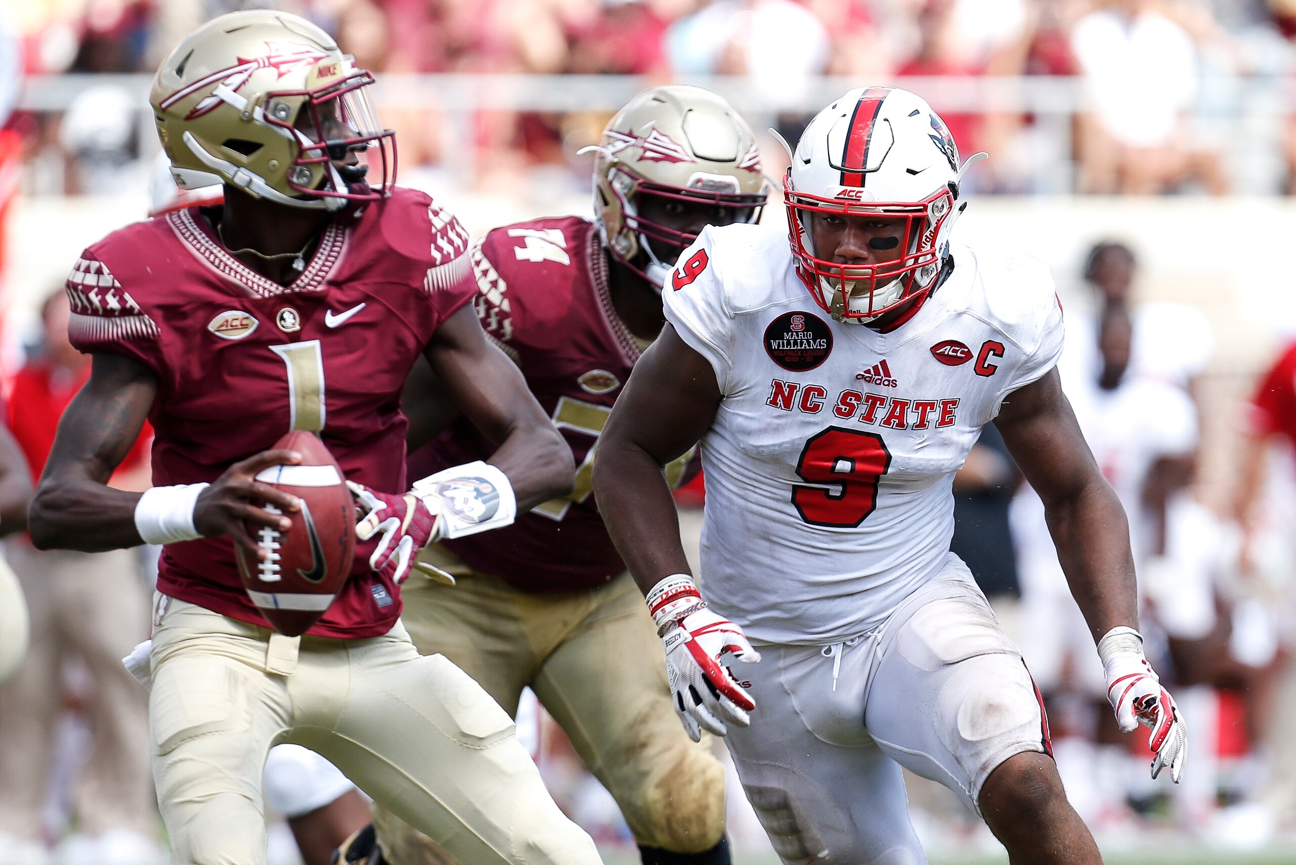 TALLAHASSEE, FL - SEPTEMBER 23: Defensive End Bradley Chubb #9 of the North Carolina State Wolfpack rushes in on Quarterback James Blackmon #1 of the Florida State Seminoles during the game at Doak Campbell Stadium on Bobby Bowden Field on September 23, 2