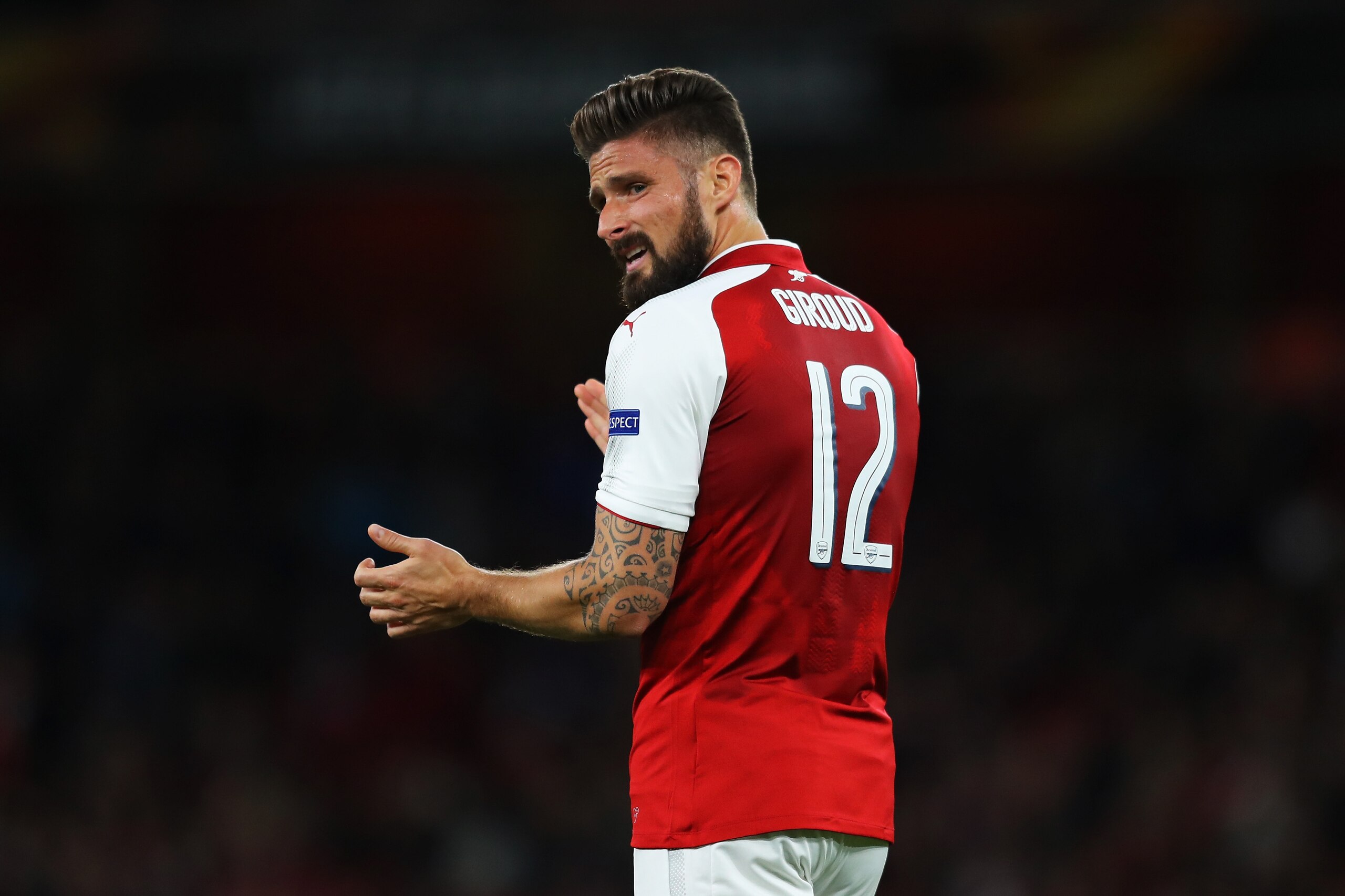 LONDON, ENGLAND - SEPTEMBER 14:  Olivier Giroud of Arsenal reacts during the UEFA Europa League group H match between Arsenal FC and 1. FC Koeln at Emirates Stadium on September 14, 2017 in London, United Kingdom.  (Photo by Richard Heathcote/Getty Images