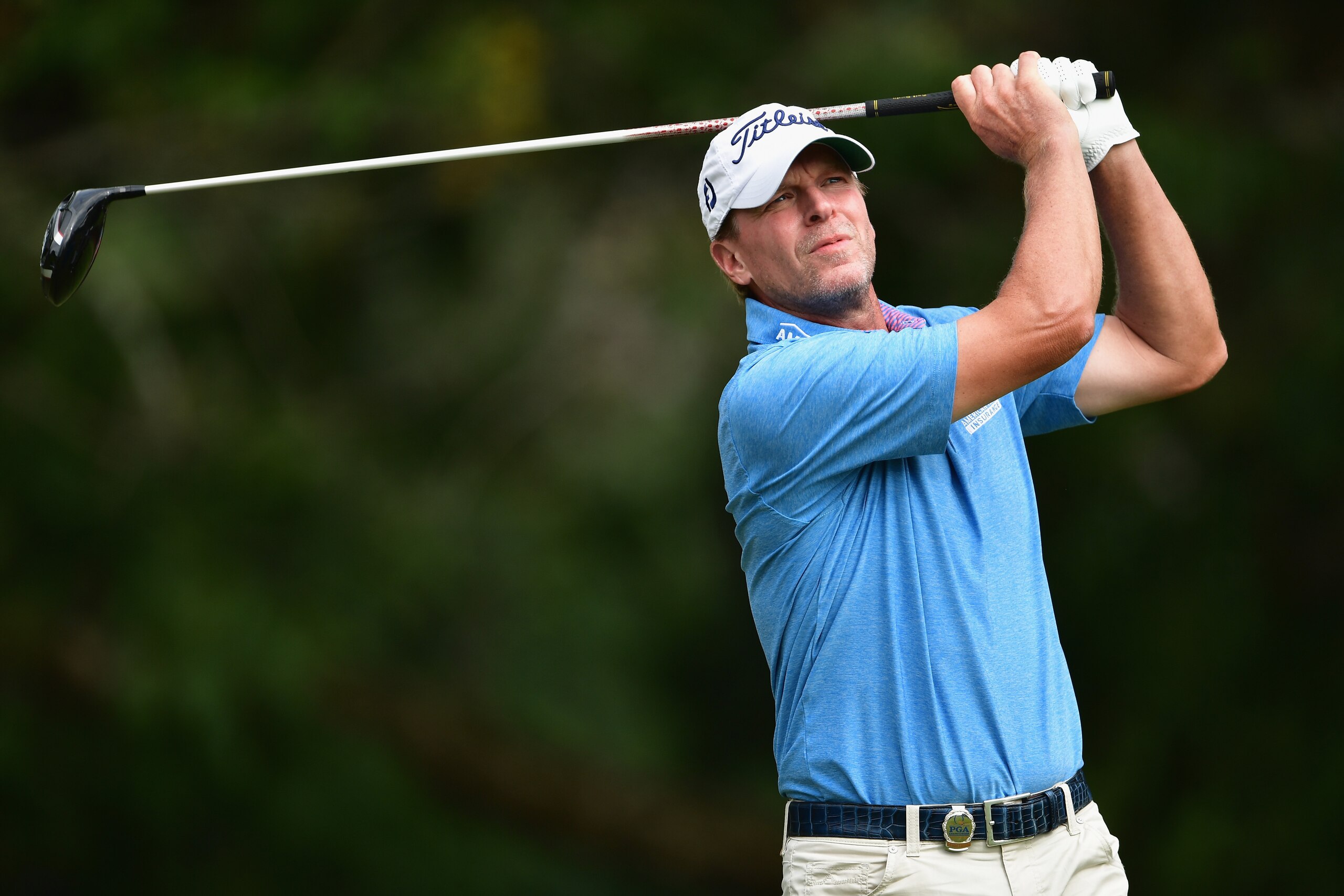 CHARLOTTE, NC - AUGUST 11: Steve Stricker of the United States plays his shot from the fifth tee  during the second round of the 2017 PGA Championship at Quail Hollow Club on August 11, 2017 in Charlotte, North Carolina.  (Photo by Stuart Franklin/Getty I