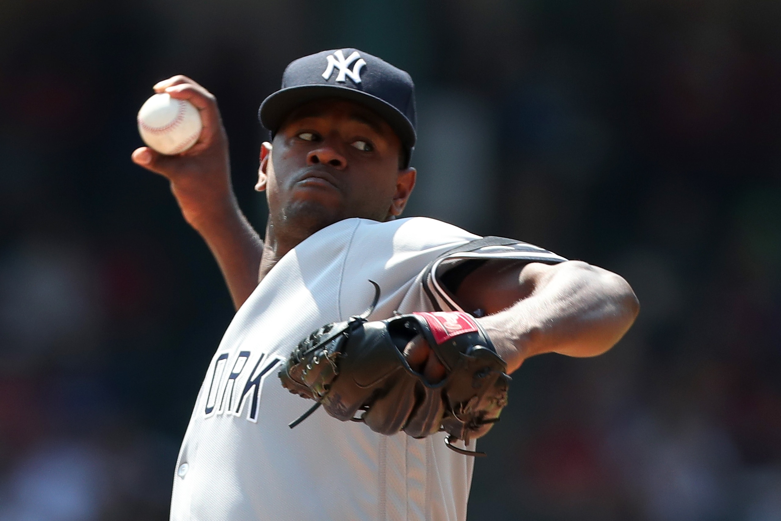 ARLINGTON, TX - SEPTEMBER 09:  Luis Severino #40 of the New York Yankees delivers a pitch in the first inning of a game against the Texas Rangers at Globe Life Park in Arlington on September 9, 2017 in Arlington, Texas.  (Photo by Richard Rodriguez/Getty 