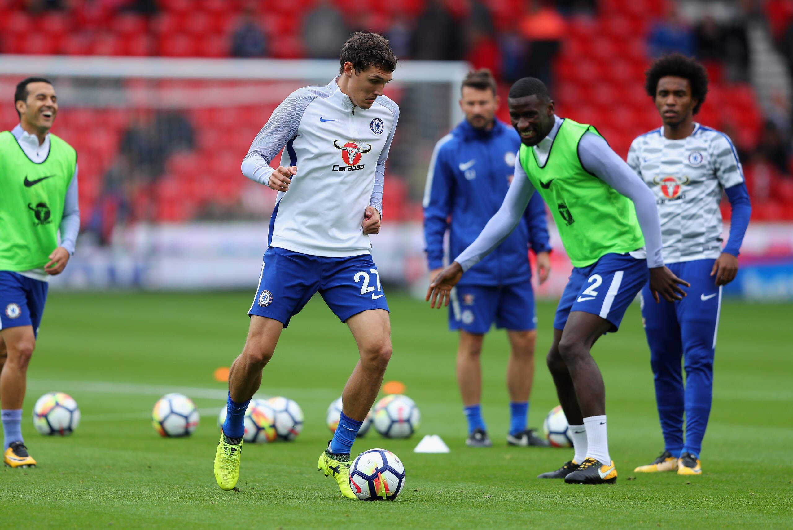 STOKE ON TRENT, ENGLAND - SEPTEMBER 23: Andreas Christensen of Chelsea warms up prior to the Premier League match between Stoke City and Chelsea at Bet365 Stadium on September 23, 2017 in Stoke on Trent, England.  (Photo by Richard Heathcote/Getty Images)