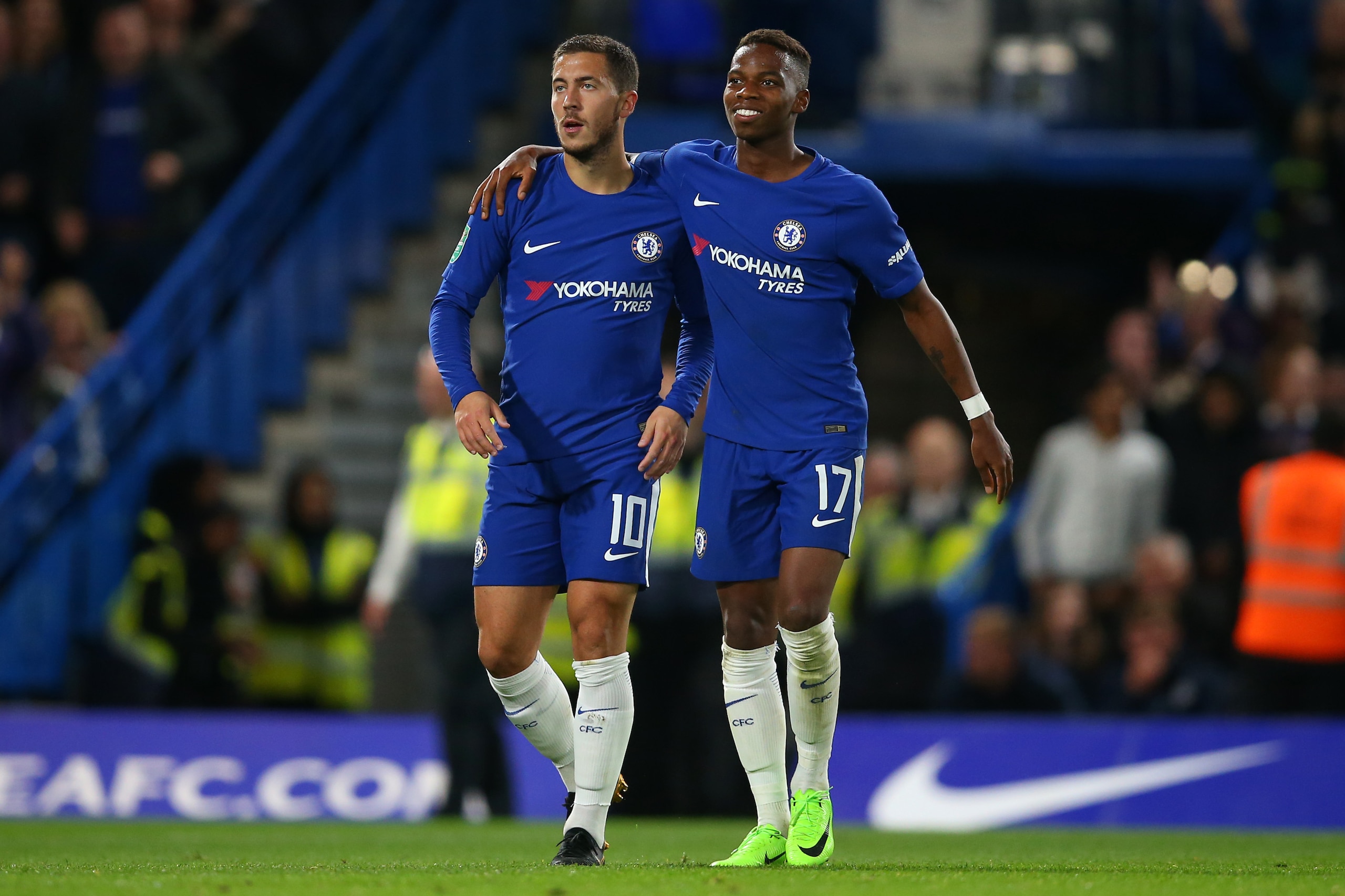 LONDON, ENGLAND - SEPTEMBER 20: Eden Hazard of Chelsea and Charly Musonda of Chelsea during the Carabao Cup Third Round match between Chelsea and Nottingham Forest at Stamford Bridge on September 20, 2017 in London, England. (Photo by Catherine Ivill - AM