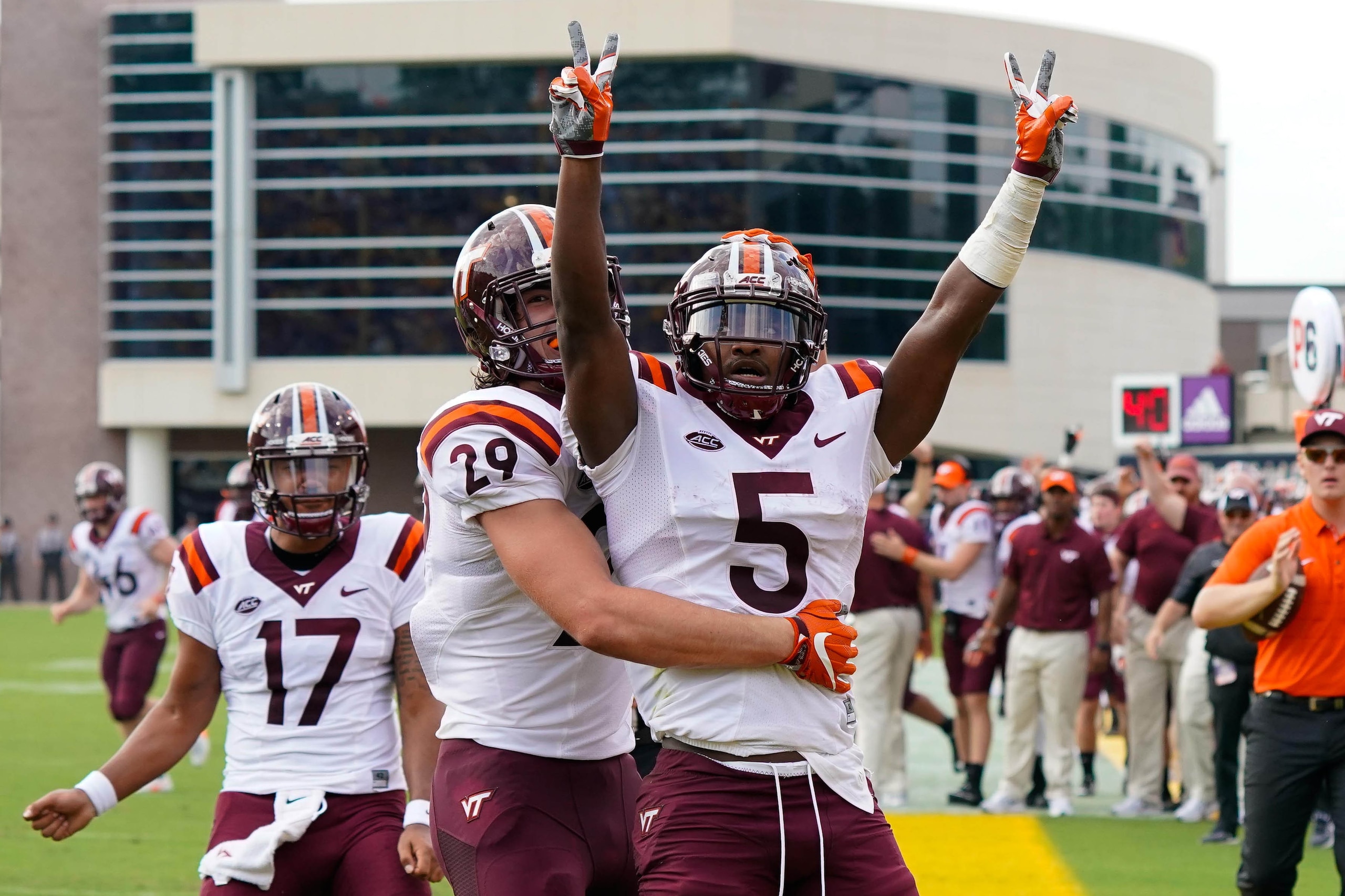 Sep 16, 2017; Greenville, NC, USA; Virginia Tech Hokies wide receiver Cam Phillips (5) celebrates his first half touchdown pass with teammate tight end Dalton Keene (29) against the East Carolina Pirates at Dowdy-Ficklen Stadium. Mandatory Credit: James Sep 16, 2017; Greenville, NC, USA; Virginia Tech Hokies wide receiver Cam Phillips (5) celebrates his first half touchdown pass with teammate tight end Dalton Keene (29) against the East Carolina Pirates at Dowdy-Ficklen Stadium. Mandatory Credit: James