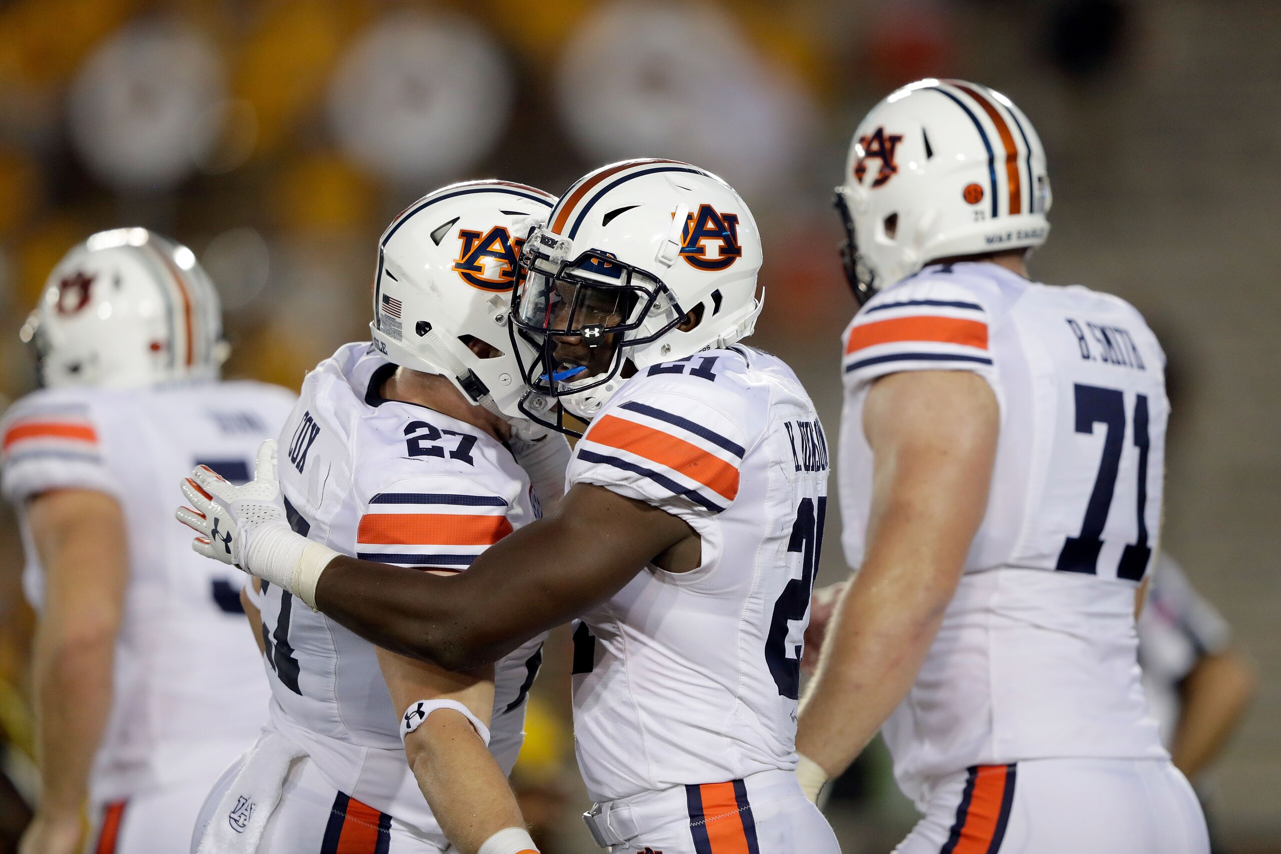 COLUMBIA, MO - SEPTEMBER 23:  Running back Kerryon Johnson #21 of the Auburn Tigers is congratulated by teammates after scoring during the game against the Missouri Tigers at Faurot Field/Memorial Stadium on September 23, 2017 in Columbia, Missouri.  (Pho