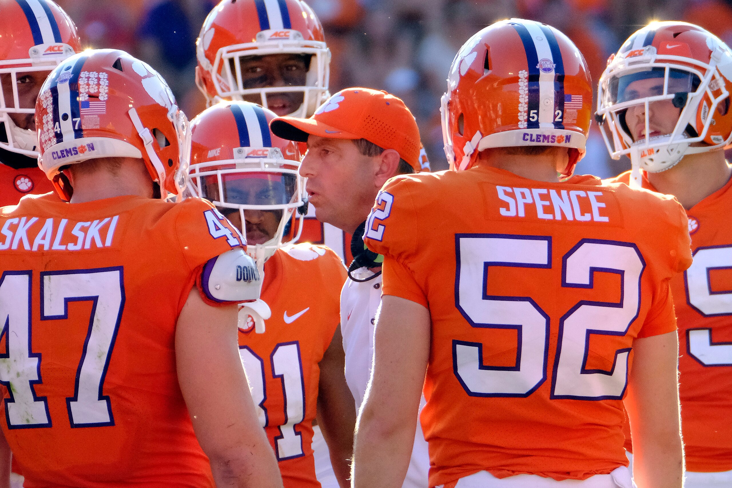 CLEMSON, SC - SEPTEMBER 23: Head coach Dabo Swinney of the Clemson Tigers talks with his players during a pause in their game against the Boston College Eagles at Memorial Stadium on September 23, 2017 in Clemson, South Carolina. (Photo by Todd Bennett/Ge