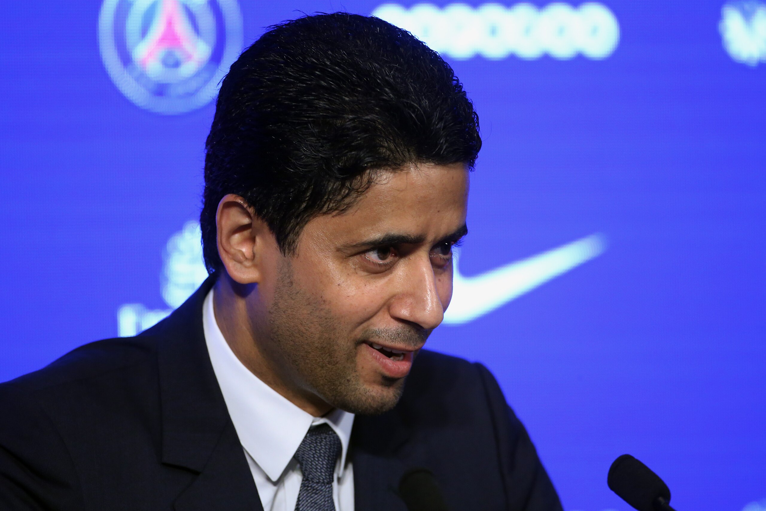 PARIS, FRANCE - SEPTEMBER 6: Kylian Mbappe is presented as new player of Paris Saint Germain by President of PSG Nasser Al Khelaifi at Parc des Princes on September 6, 2017 in Paris, France. (Photo by Jean Catuffe/Getty Images)