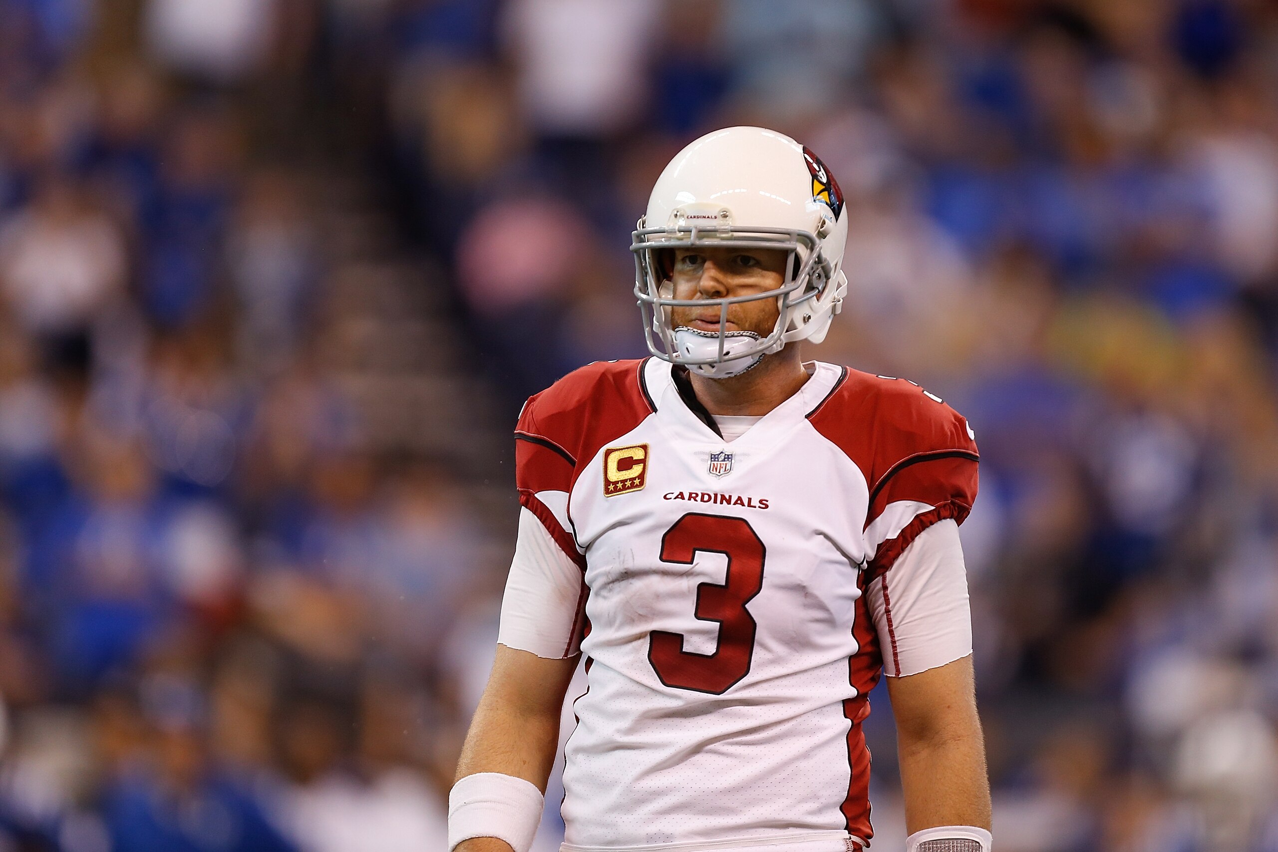 INDIANAPOLIS, IN - SEPTEMBER 17:  Carson Palmer #3 of the Arizona Cardinals looks on against the Indianapolis Colts at Lucas Oil Stadium on September 17, 2017 in Indianapolis, Indiana.  (Photo by Michael Reaves/Getty Images)