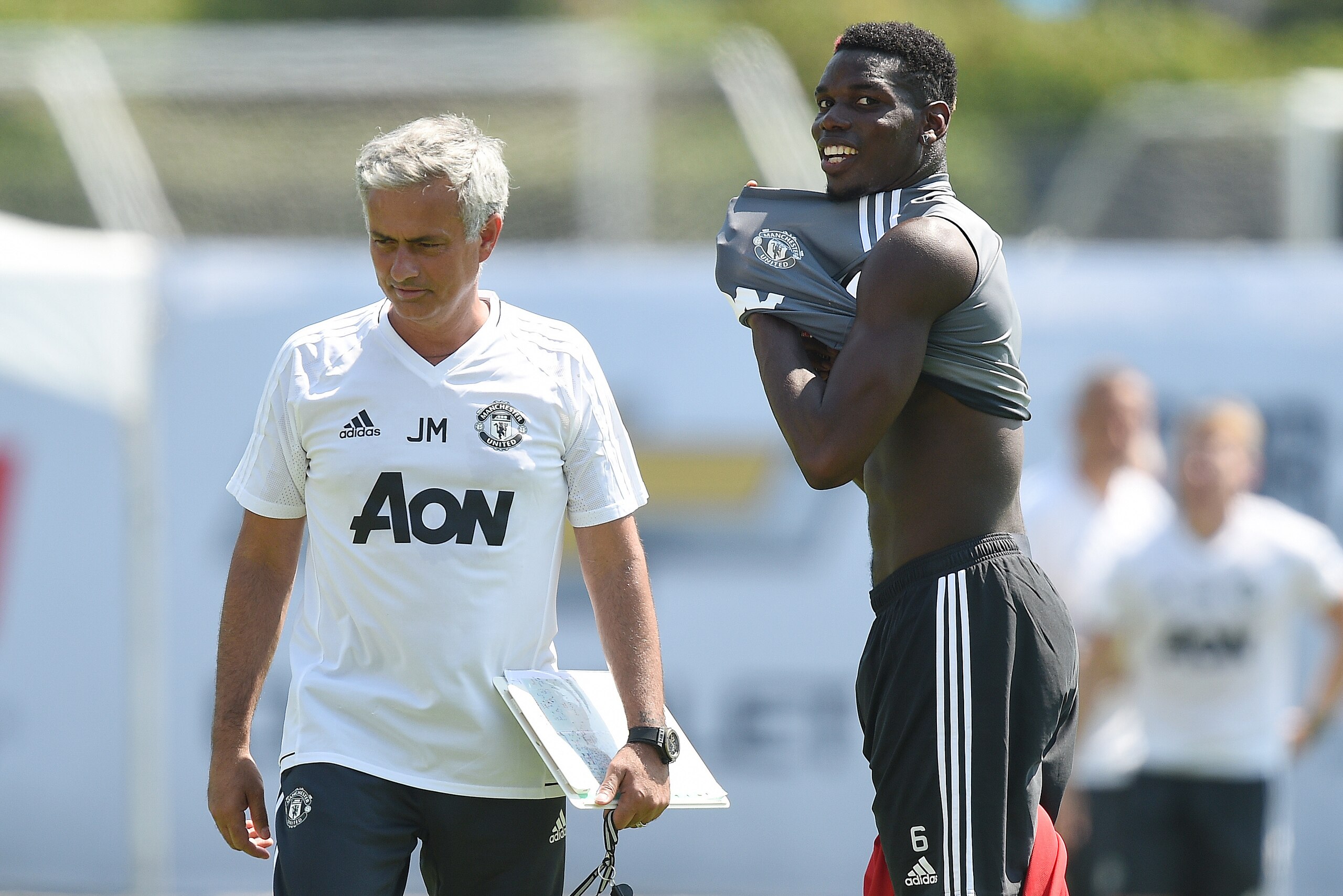 LOS ANGELES, CA - JULY 10: Midfielder Paul Pogba #6 and manager Jose Mourinho of Manchester United during training for Tour 2017 at UCLA's Drake Stadium July 10, 2017, in Los Angeles, California. (Photo by Kevork Djansezian/Getty Images) LOS ANGELES, CA - JULY 10: Midfielder Paul Pogba #6 and manager Jose Mourinho of Manchester United during training for Tour 2017 at UCLA's Drake Stadium July 10, 2017, in Los Angeles, California. (Photo by Kevork Djansezian/Getty Images)