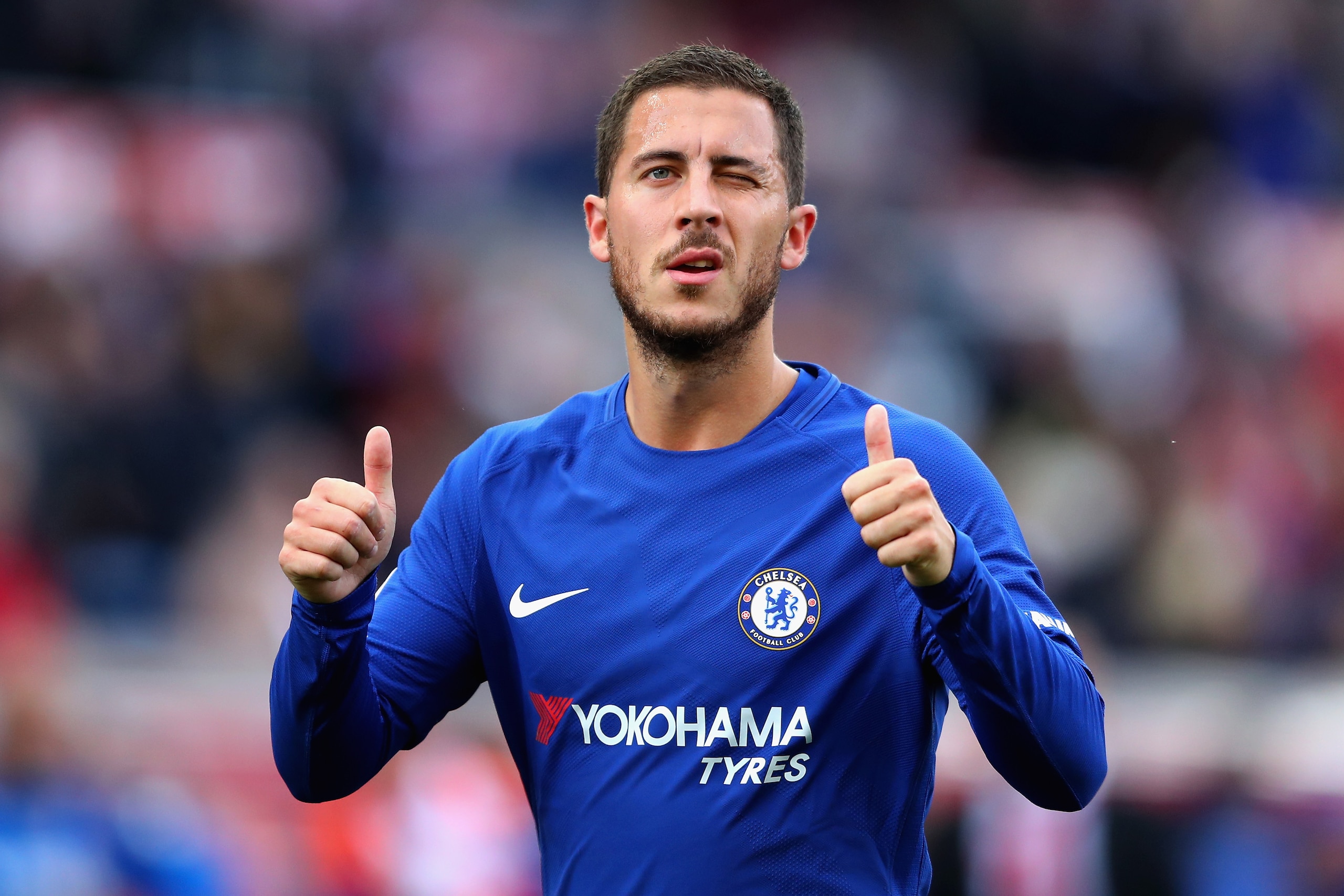 STOKE ON TRENT, ENGLAND - SEPTEMBER 23:  Eden Hazard of Chelsea celebrates his side's 4-0 victory after the Premier League match between Stoke City and Chelsea at Bet365 Stadium on September 23, 2017 in Stoke on Trent, England.  (Photo by Richard Heathcot