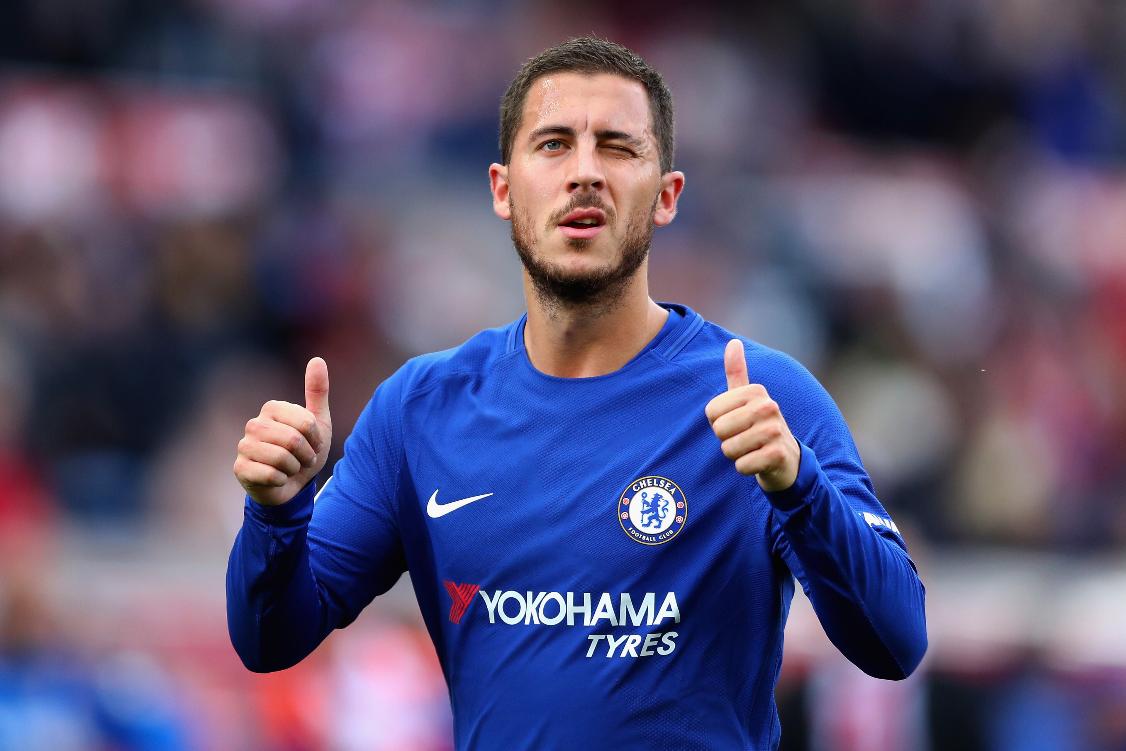 STOKE ON TRENT, ENGLAND - SEPTEMBER 23:  Eden Hazard of Chelsea celebrates his side's 4-0 victory after the Premier League match between Stoke City and Chelsea at Bet365 Stadium on September 23, 2017 in Stoke on Trent, England.  (Photo by Richard Heathcot