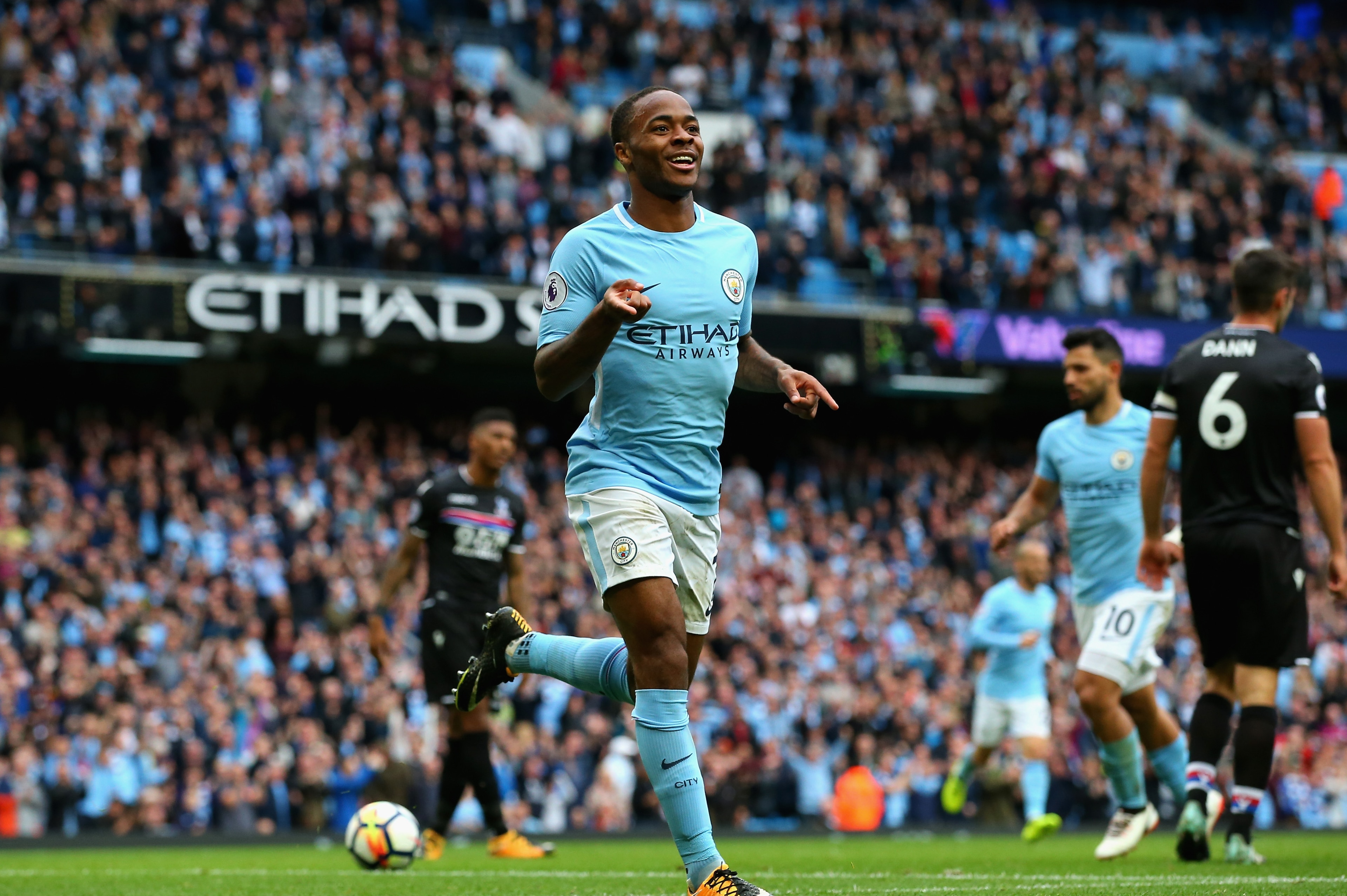 MANCHESTER, ENGLAND - SEPTEMBER 23:  Raheem Sterling of Manchester City celebrates scoring his sides second goal during the Premier League match between Manchester City and Crystal Palace at Etihad Stadium on September 23, 2017 in Manchester, England.  (P