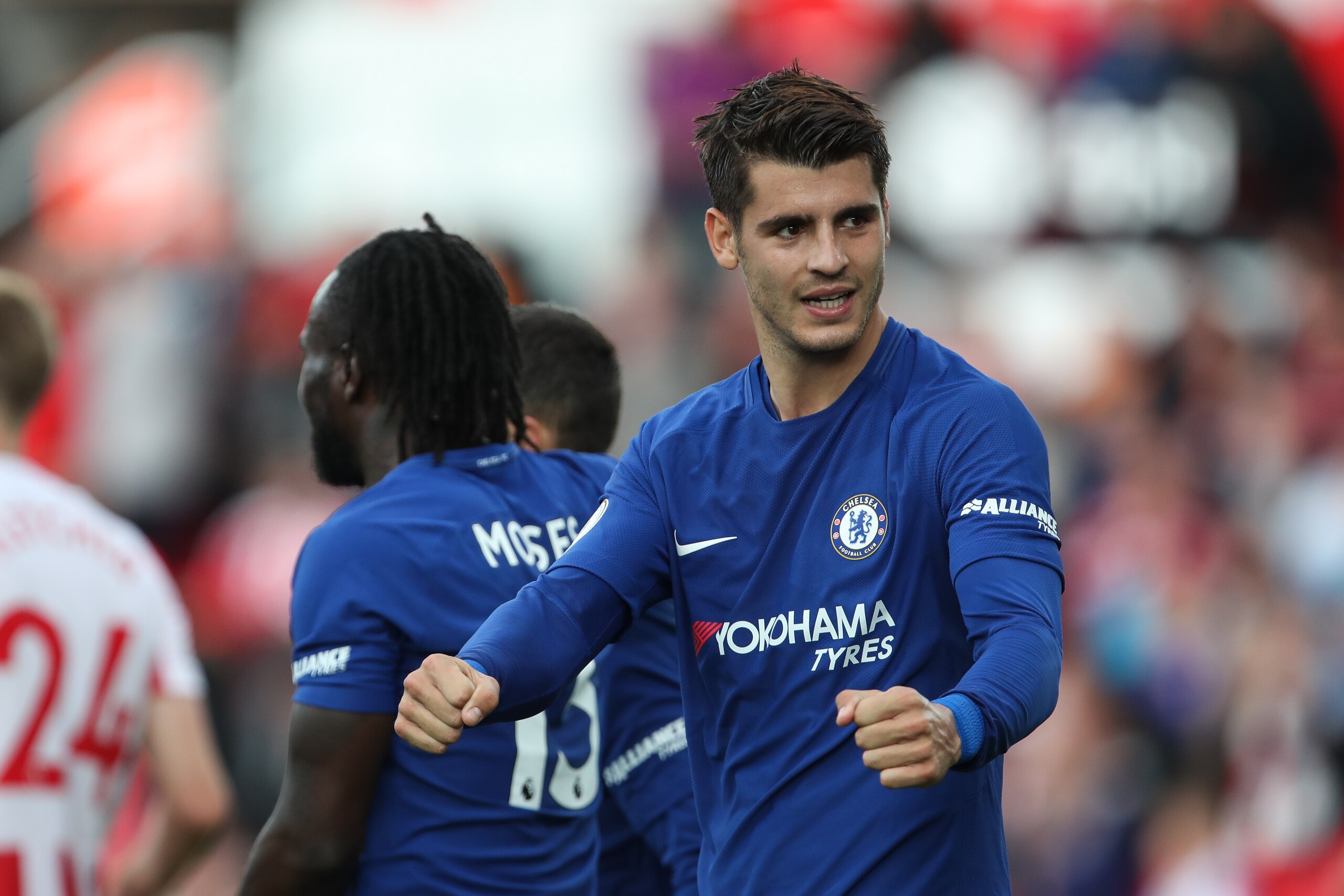 STOKE ON TRENT, ENGLAND - SEPTEMBER 23: Alvaro Morata of Chelsea celebrates after scoring a goal to make it 0-3  during the Premier League match between Stoke City and Chelsea at Bet365 Stadium on September 23, 2017 in Stoke on Trent, England. (Photo by R
