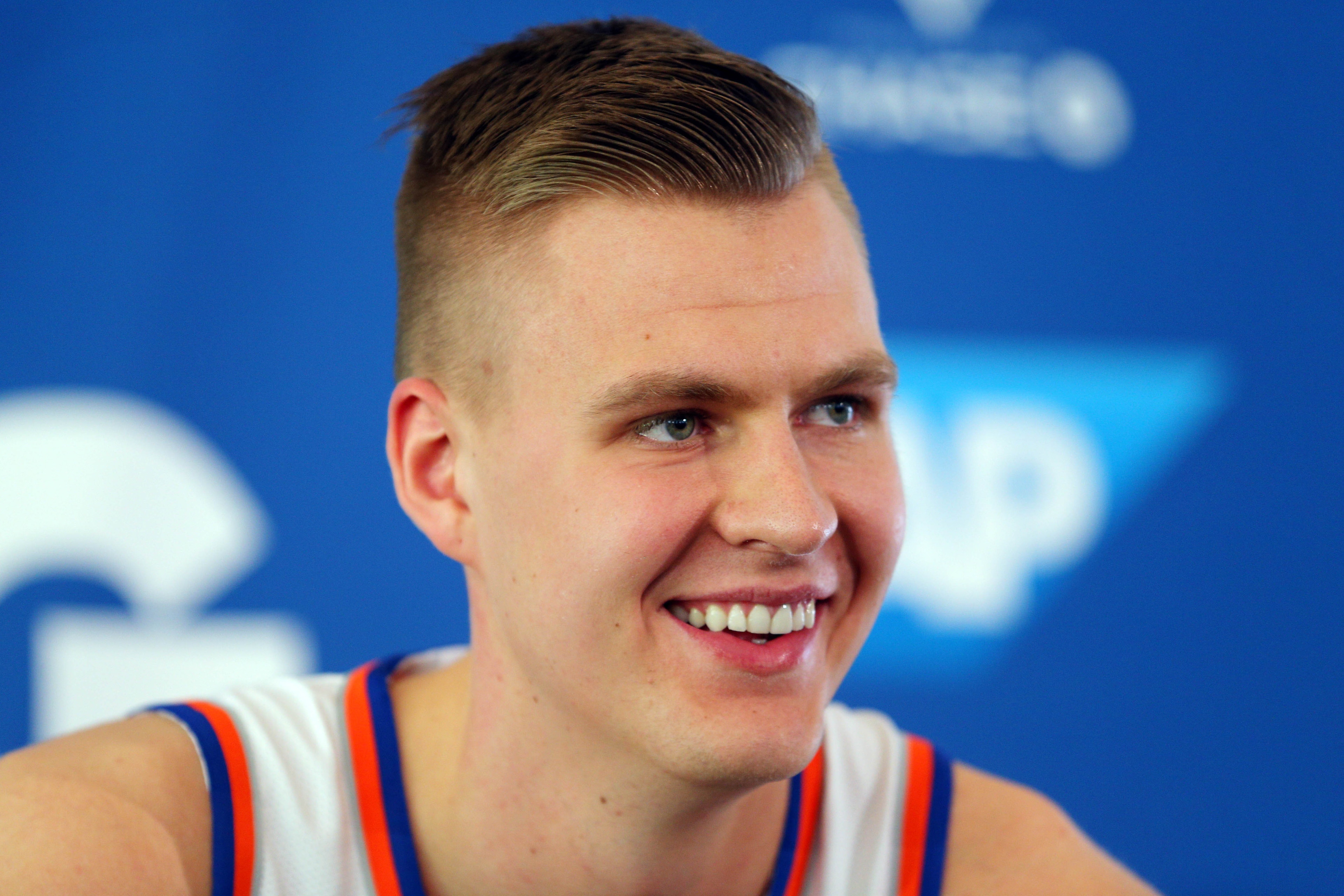 Sep 25, 2017; Greenburgh, NY, USA; New York Knicks forward Kristaps Porzingis (6) speaks to the media on media day at MSG Training Center. Mandatory Credit: Brad Penner-USA TODAY Sports Sep 25, 2017; Greenburgh, NY, USA; New York Knicks forward Kristaps Porzingis (6) speaks to the media on media day at MSG Training Center. Mandatory Credit: Brad Penner-USA TODAY Sports
