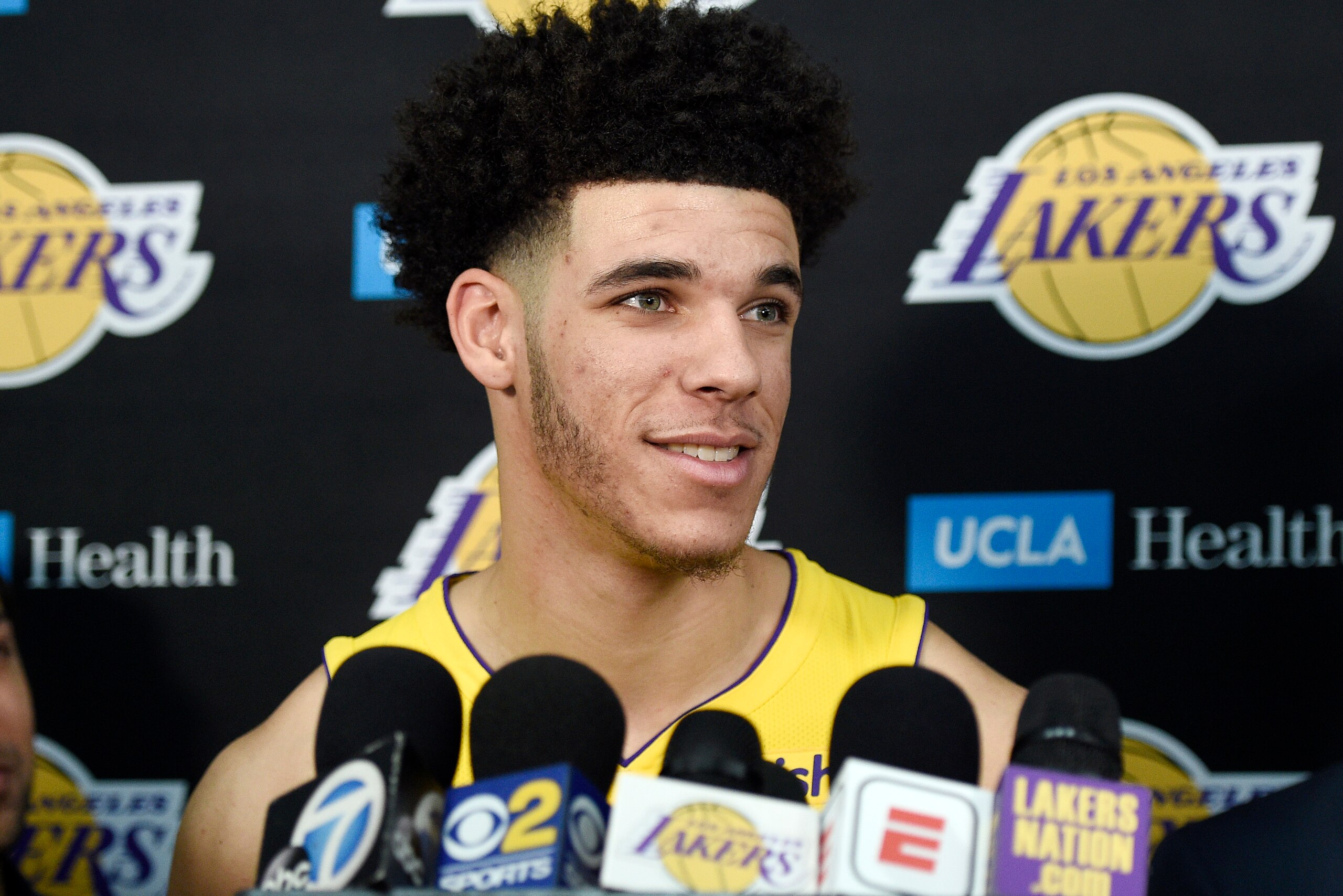 EL SEGUNDO, CA - SEPTEMBER 25: Lonzo Ball #2 of the Los Angeles Lakers speaks during media day September 25, 2017, in El Segundo, California. NOTE TO USER: User expressly acknowledges and agrees that, by downloading and/or using this photograph, user is c
