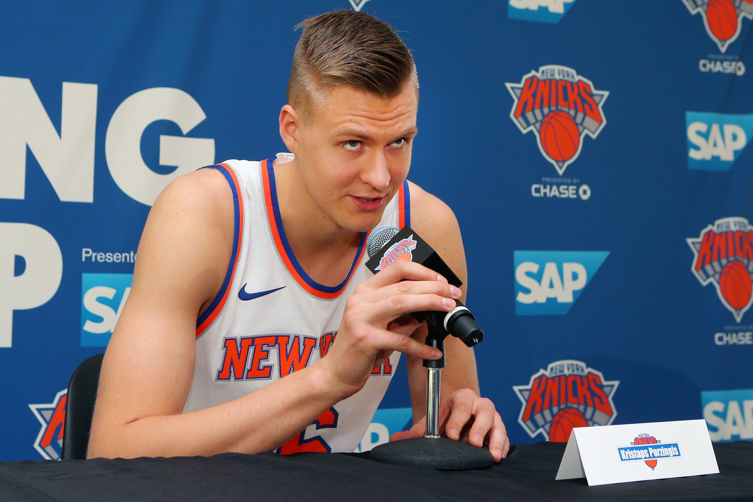Sep 25, 2017; Greenburgh, NY, USA; New York Knicks forward Kristaps Porzingis (6) speaks to the media on media day at MSG Training Center. Mandatory Credit: Brad Penner-USA TODAY Sports
